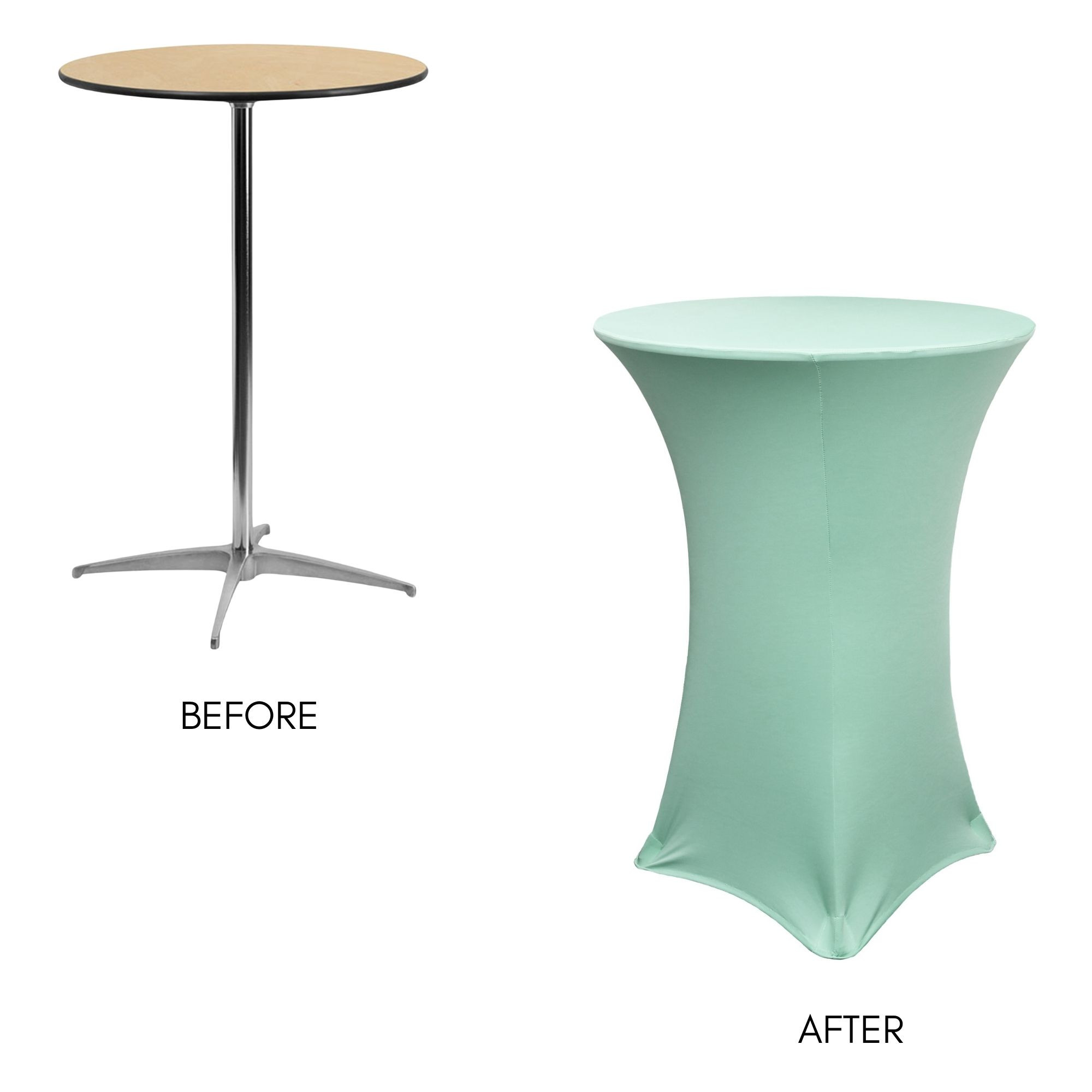 30 Inch Highboy Cocktail Round Stretch Spandex Table Cover Mint on wooden table
