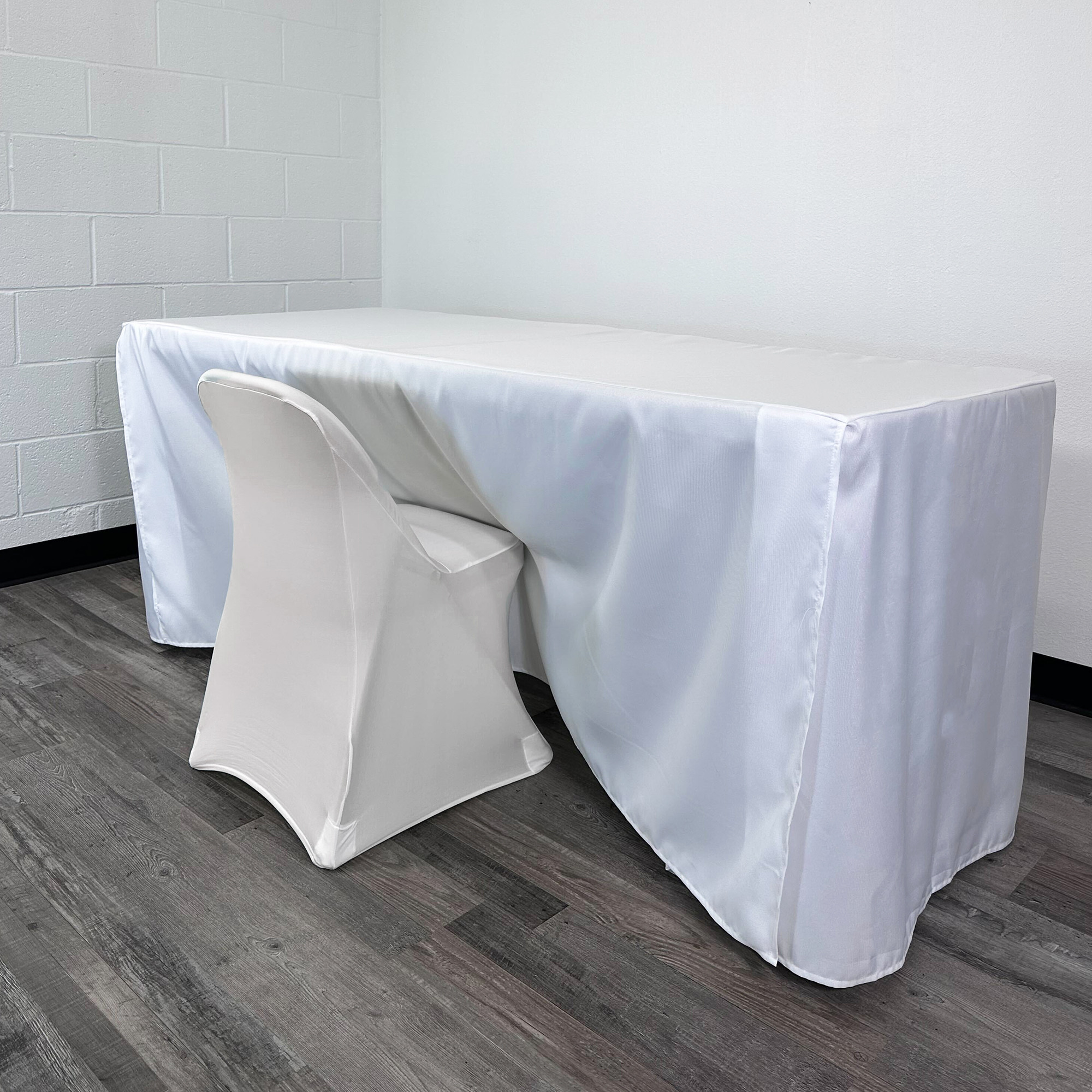 6 ft Fitted Slit Open Back Polyester Rectangular Tablecloth with chair White