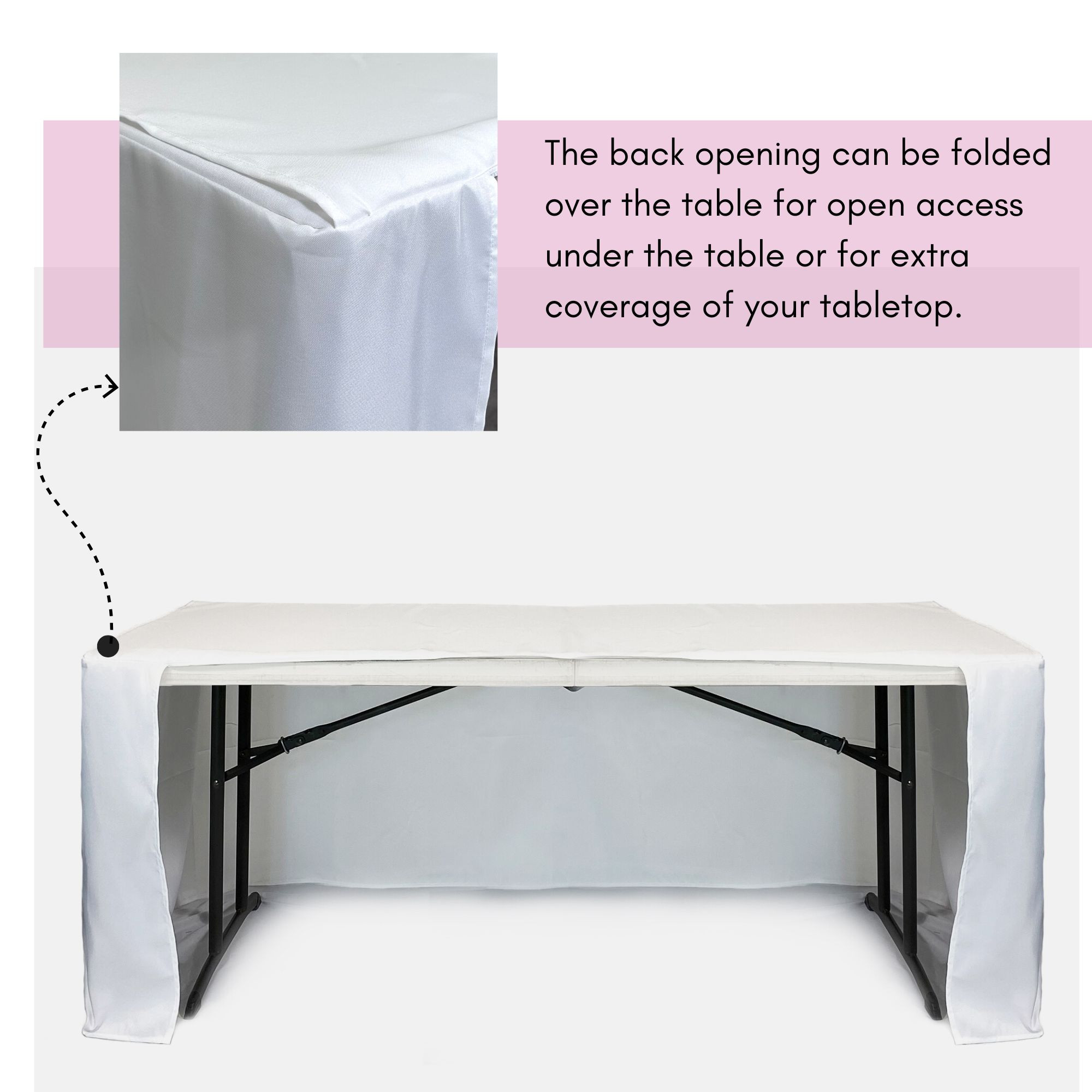6 ft Fitted Slit Open Back Polyester Rectangular Tablecloth fully open details White