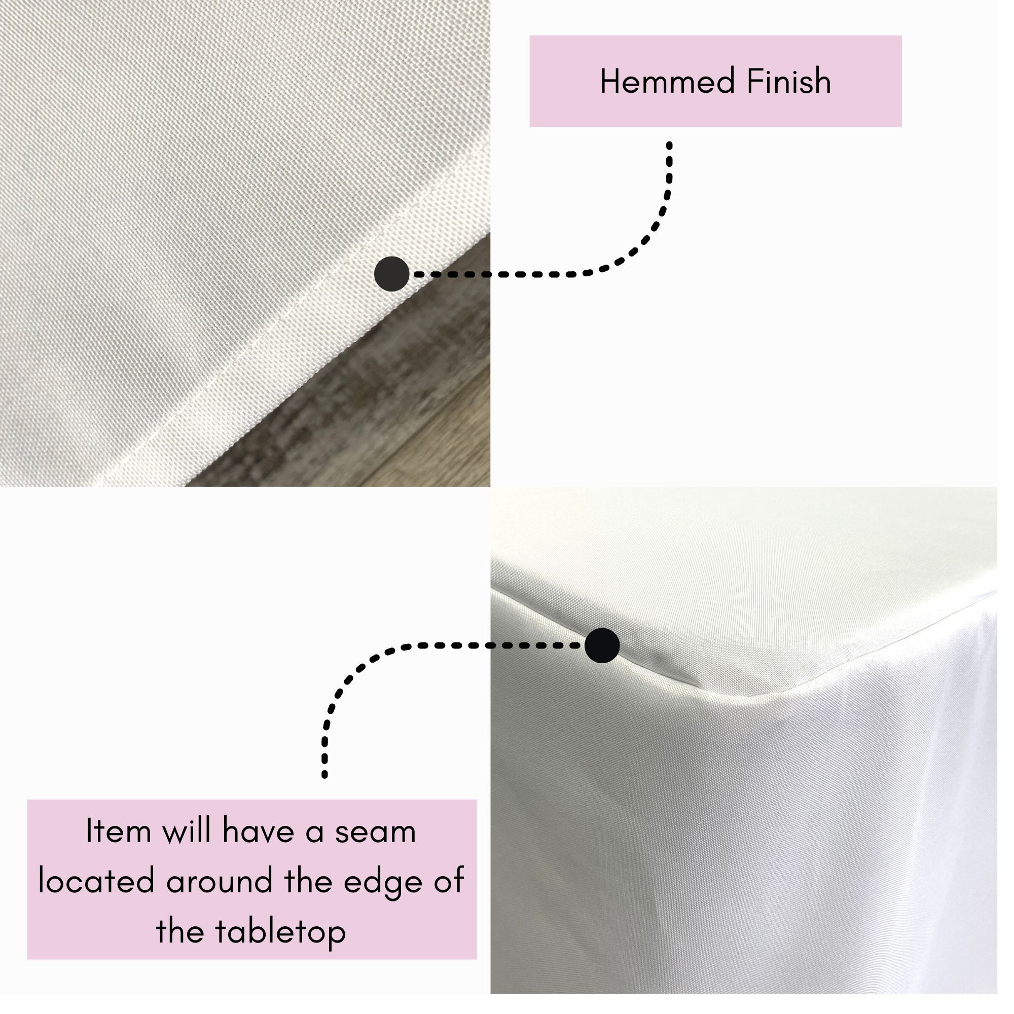 8 ft Fitted Slit Open Back Polyester Rectangular Tablecloth seam and hem detials White