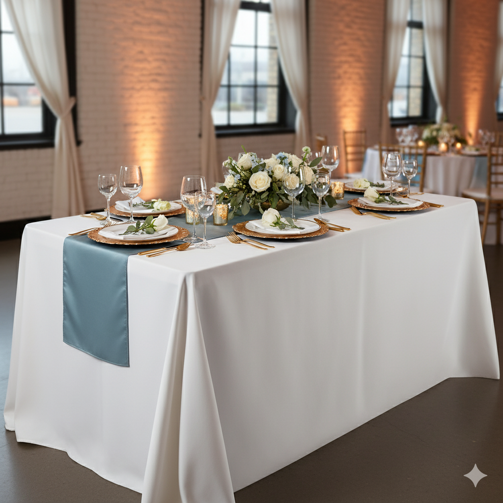 14 x 108 Inch L'amour Satin Table Runner Dusty Blue lifestyle