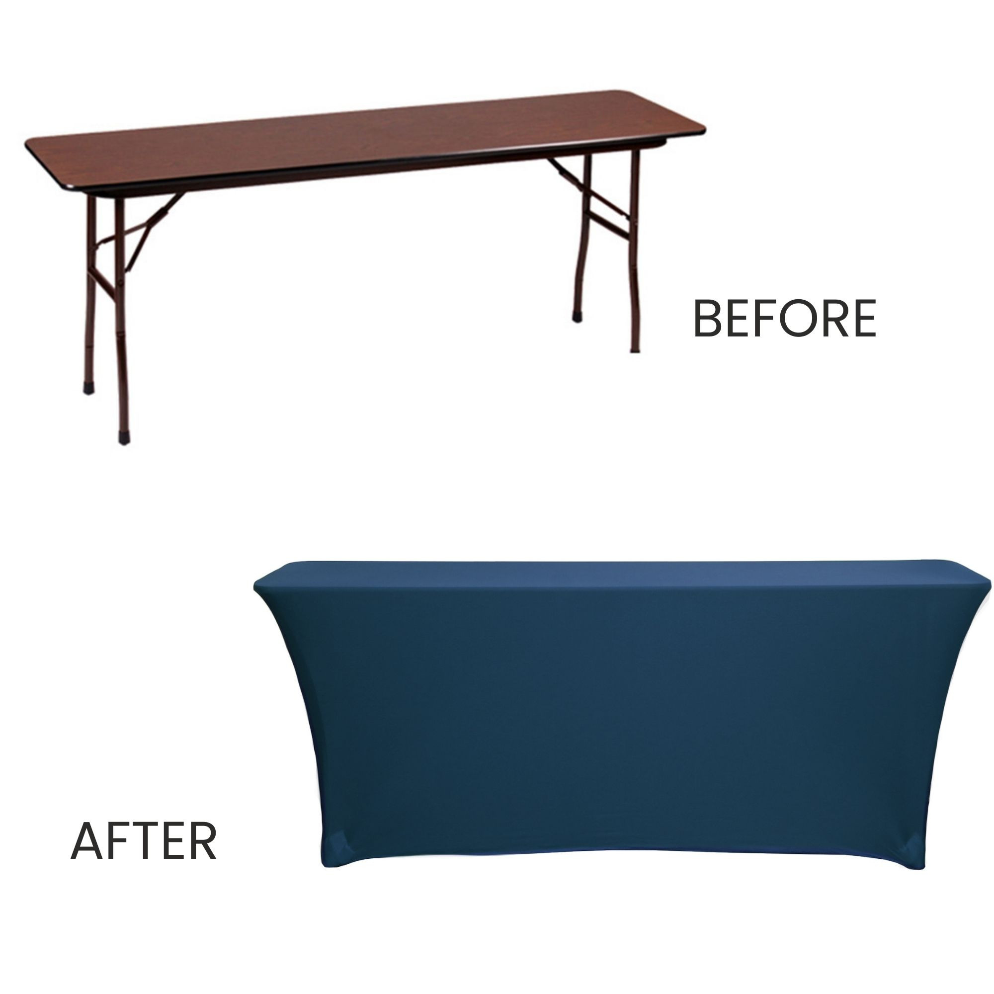 Stretch Spandex 8 ft x 18 Inches Rectangular Classroom Table Cover Navy Blue before and after