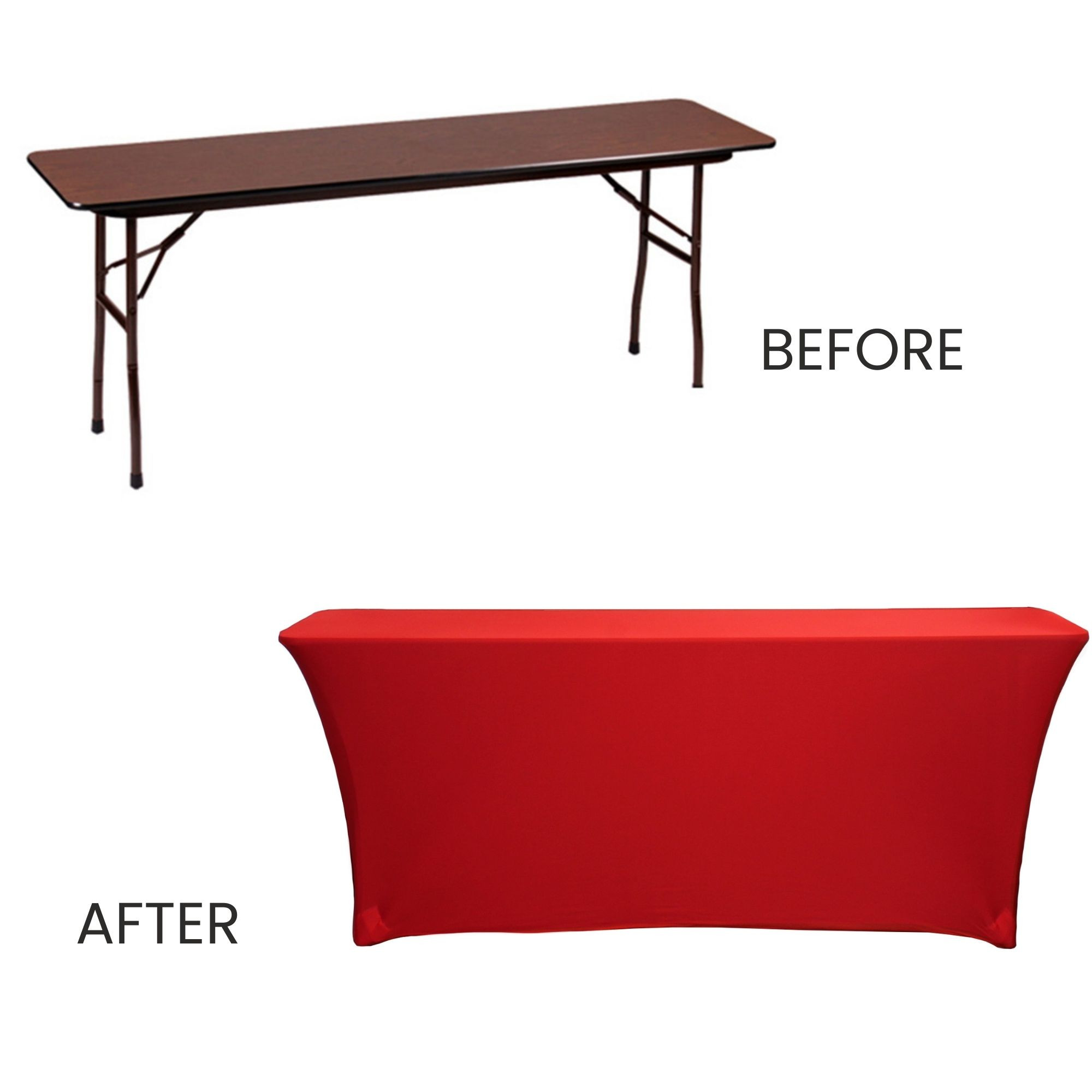 Stretch Spandex 8 ft x 18 Inches Rectangular Classroom Table Cover Red before and after