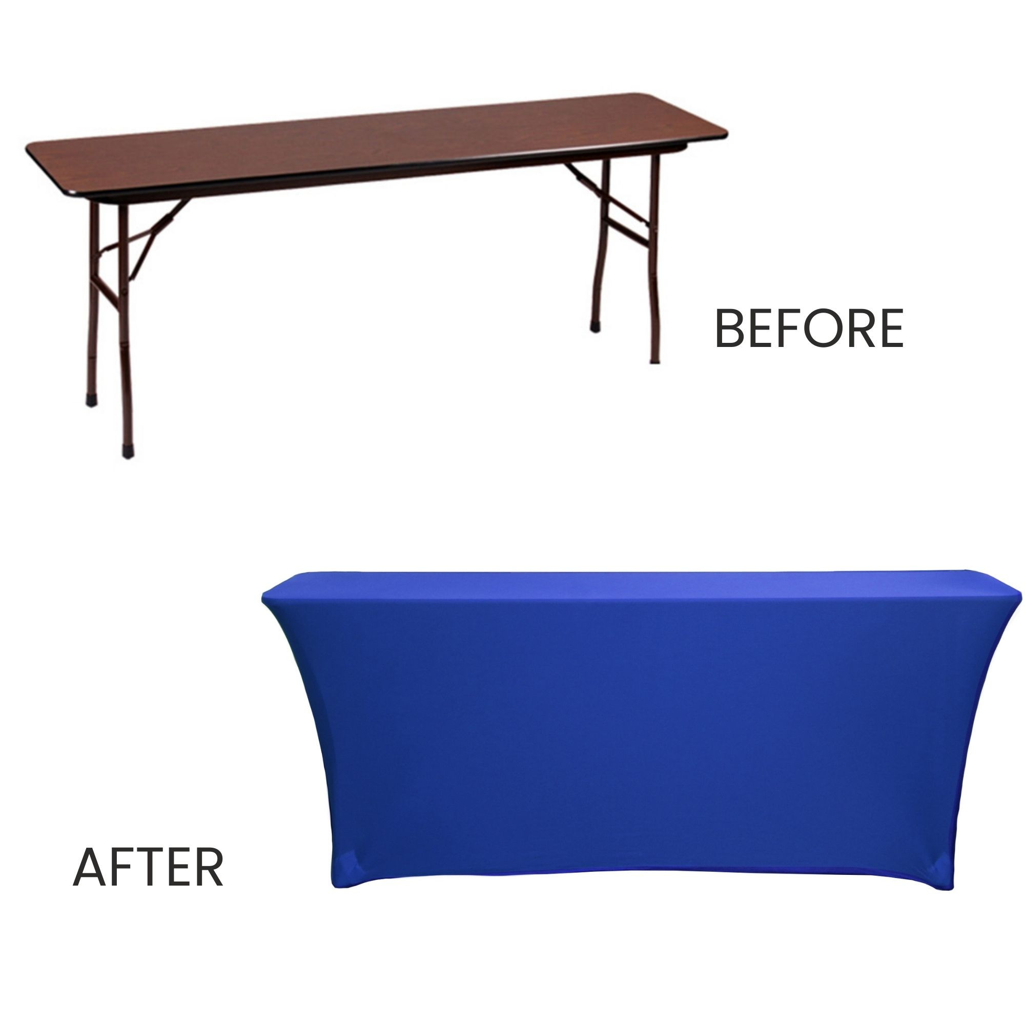 Stretch Spandex 6 ft x 18 Inches Classroom Rectangular Table Cover Royal Blue before and after