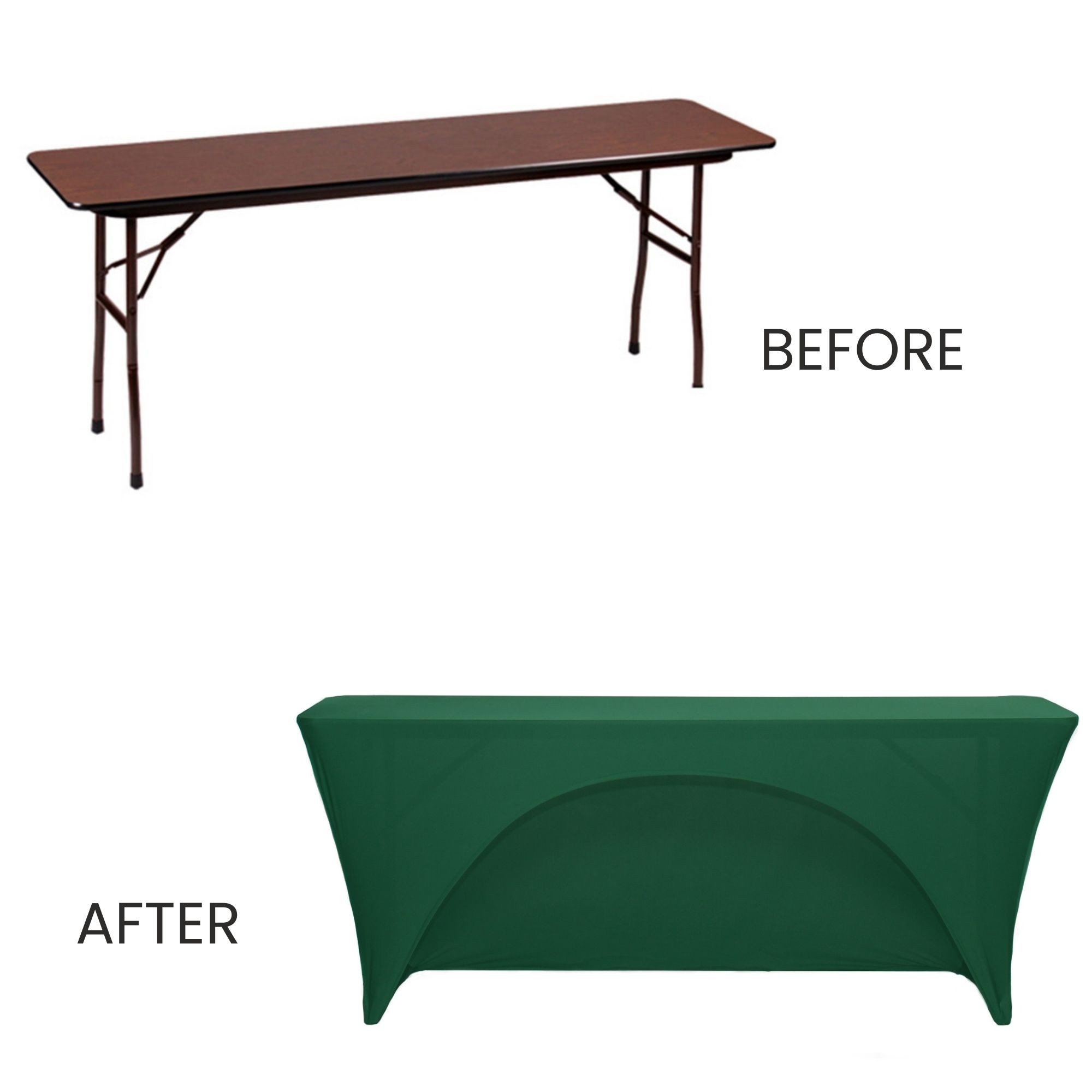 Stretch Spandex 6 ft x 18 Inches Open Back Rectangular Table Cover Hunter Green before and after