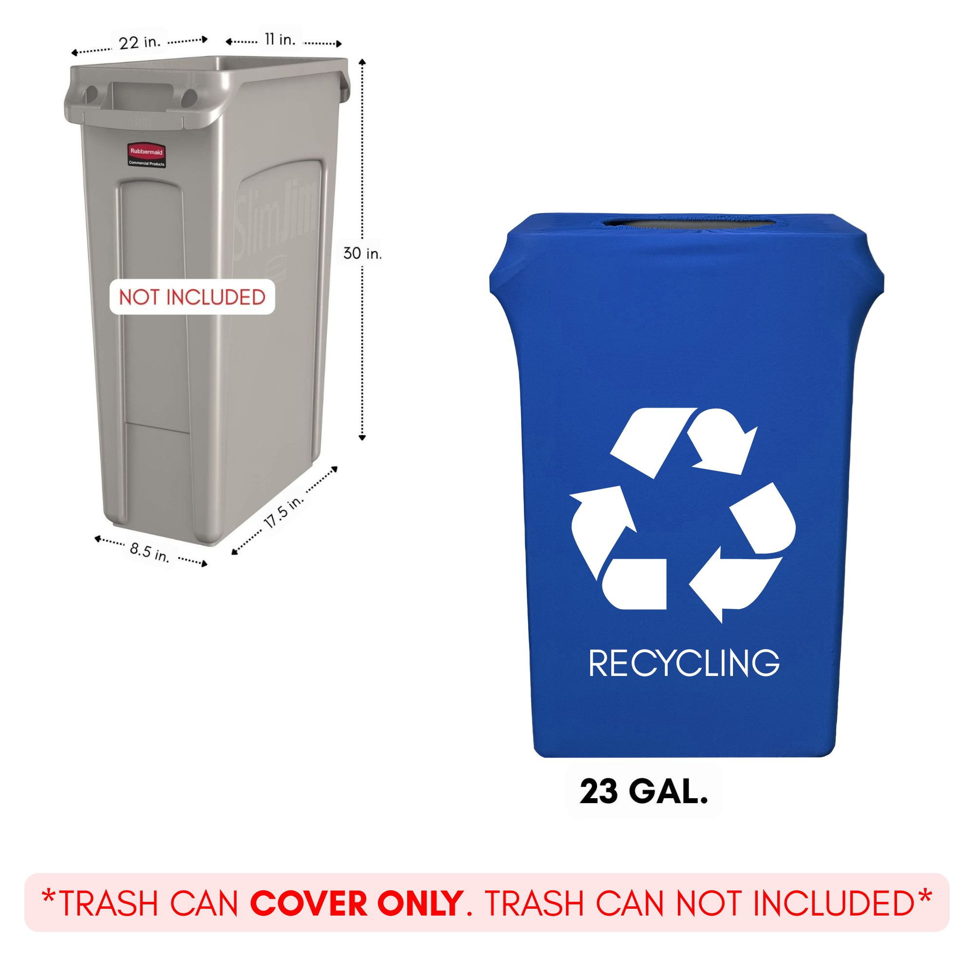 23 Gallon Spandex Slim Jim Narrow Trash Can Cover Royal Blue with Recycling Logo before and after