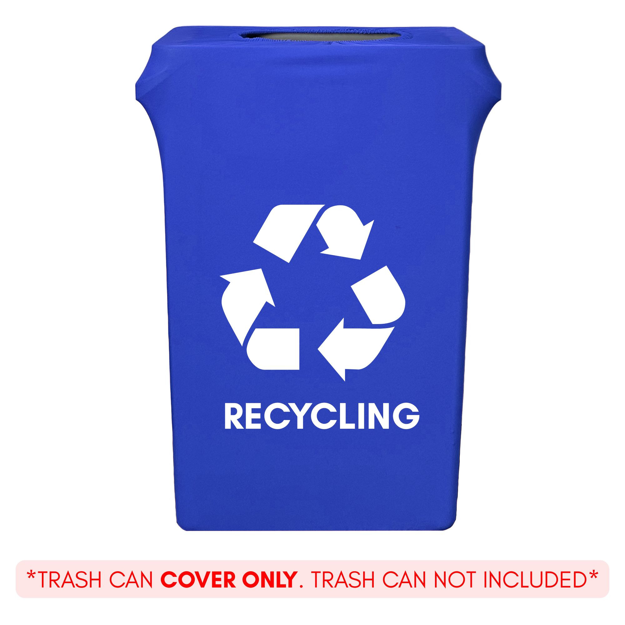 23 Gallon Spandex Slim Jim Narrow Trash Can Cover Royal Blue with Recycling Logo