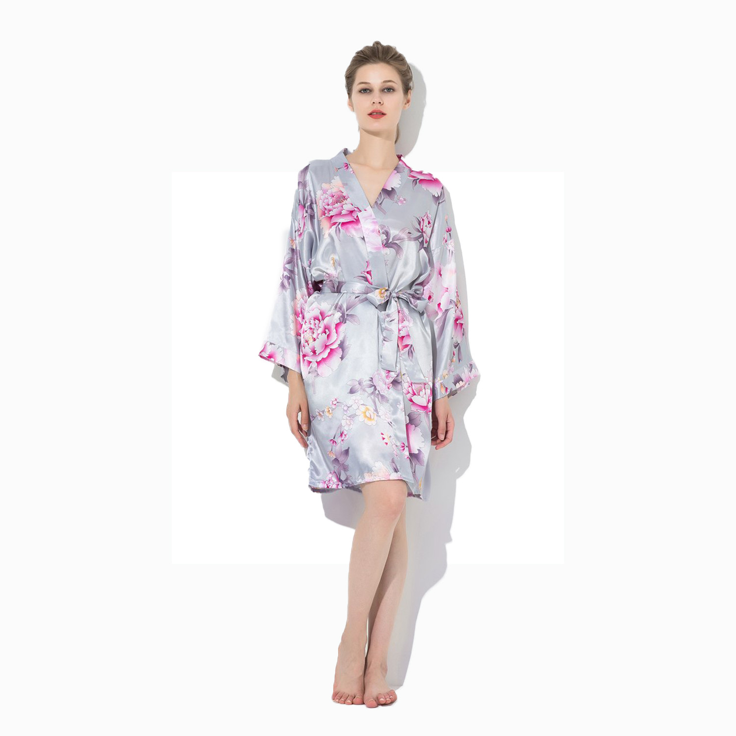Kimono Silk Bridesmaid Floral Robe Gray main