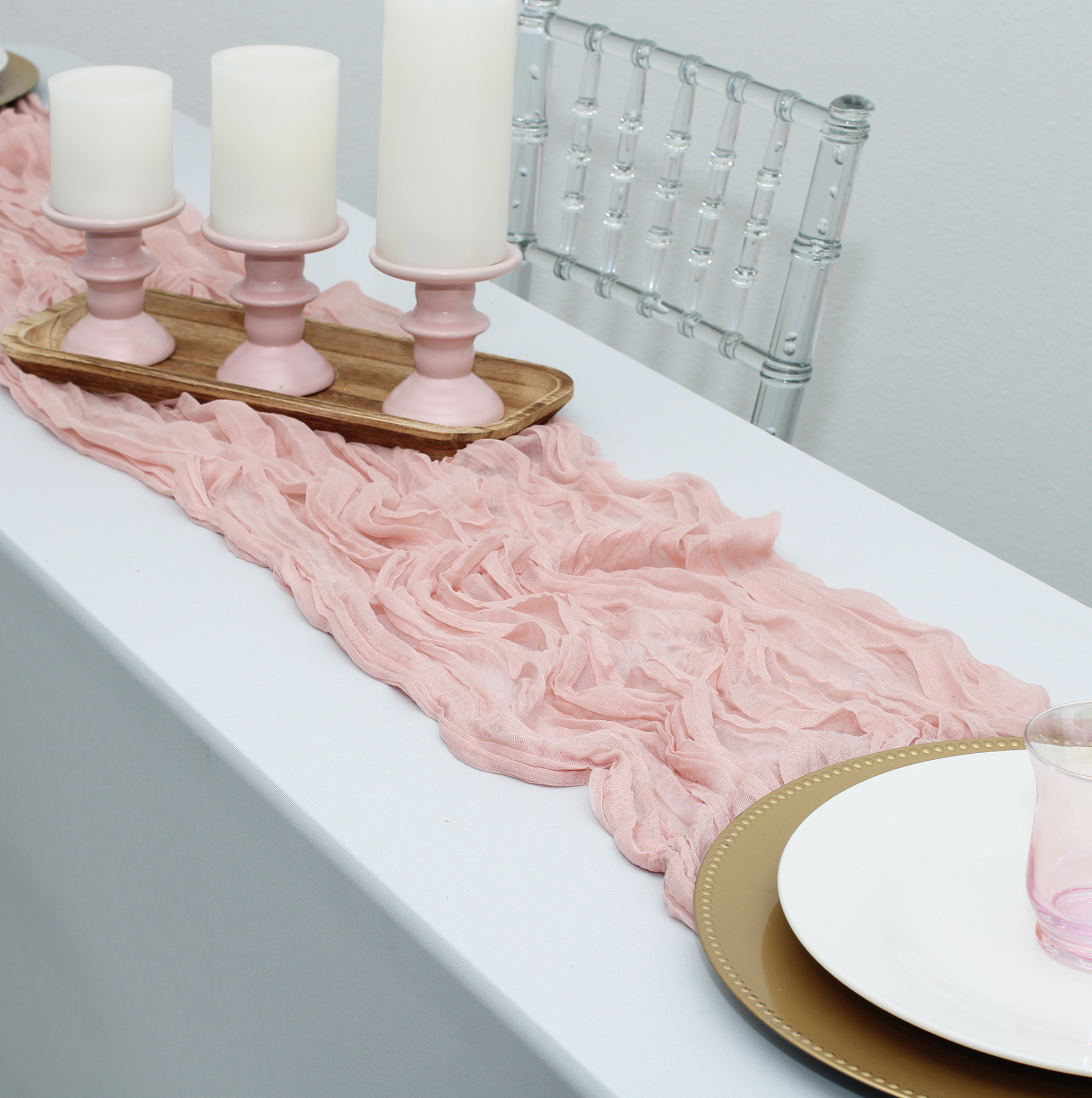 35 in X 10 ft Gauze Cheesecloth Table Runner Blush in use