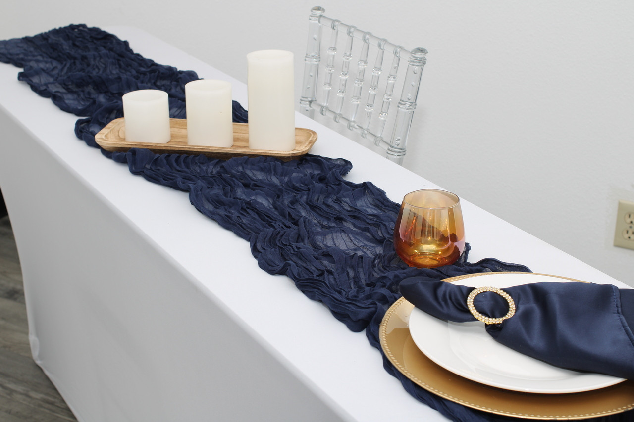 35 in X 10 ft Gauze Cheesecloth Table Runner Navy Blue in use