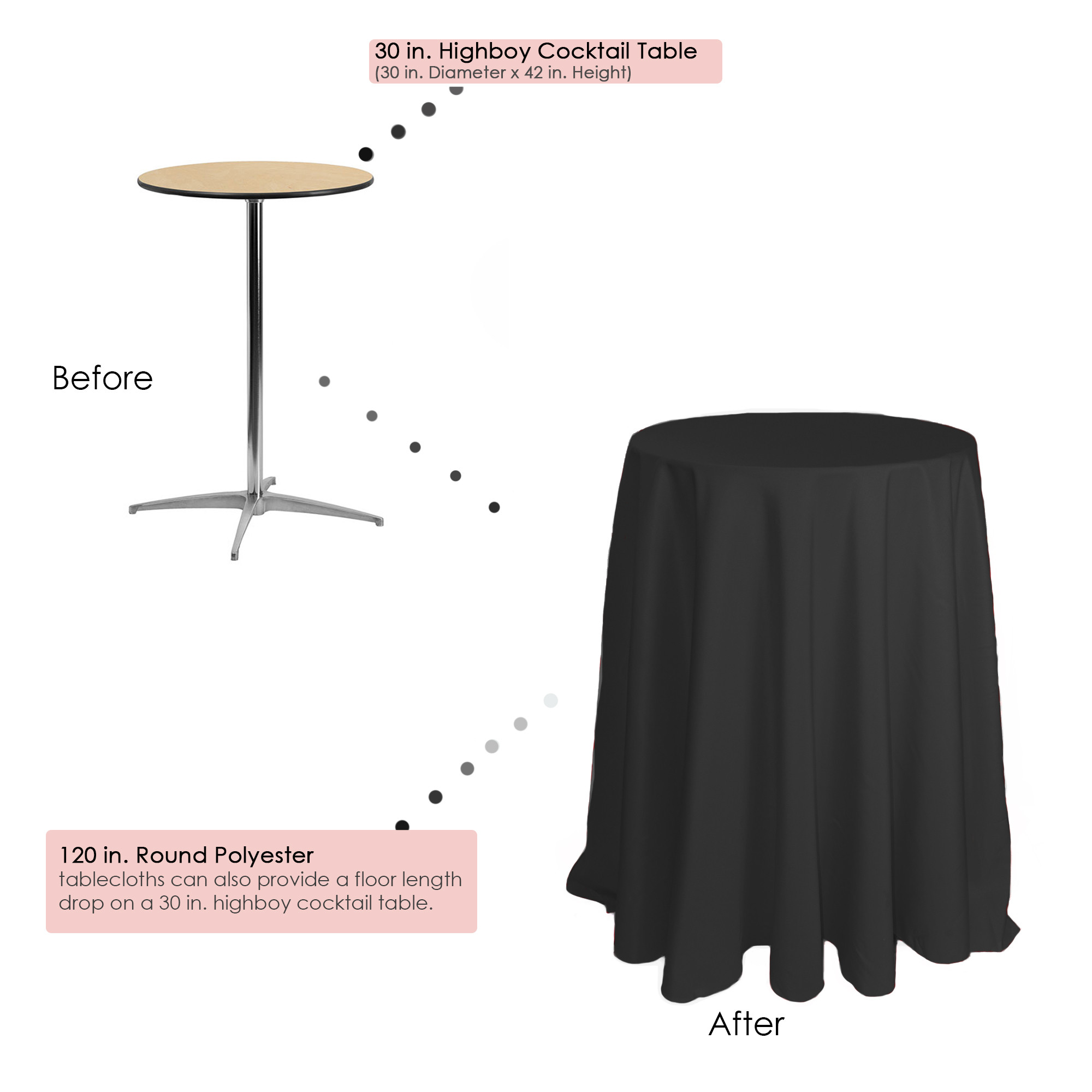 120 inch Round Polyester Tablecloths Black on 30 inch cocktail table 