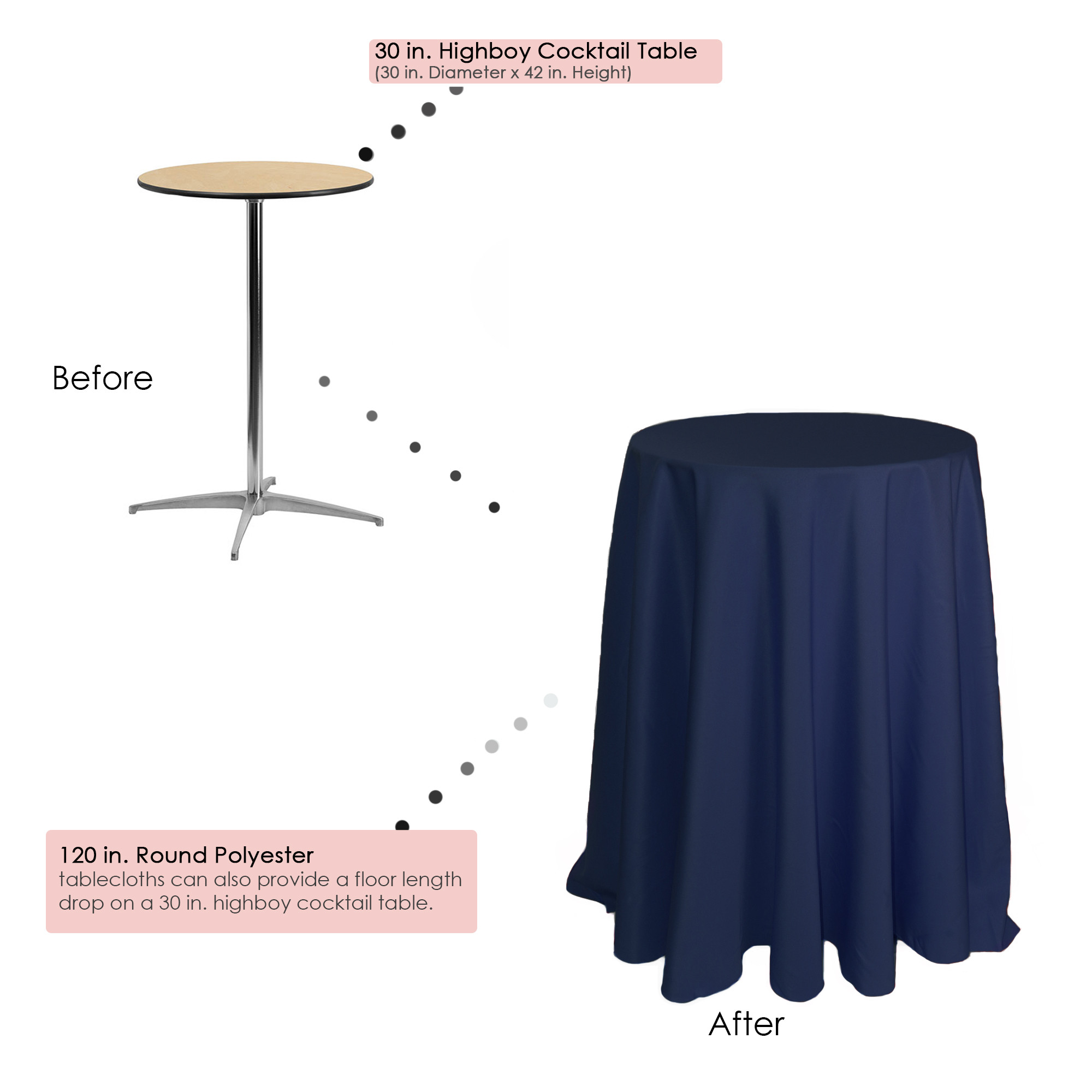 120 inch Round Polyester Tablecloths Navy Blue on 30 inch cocktail table