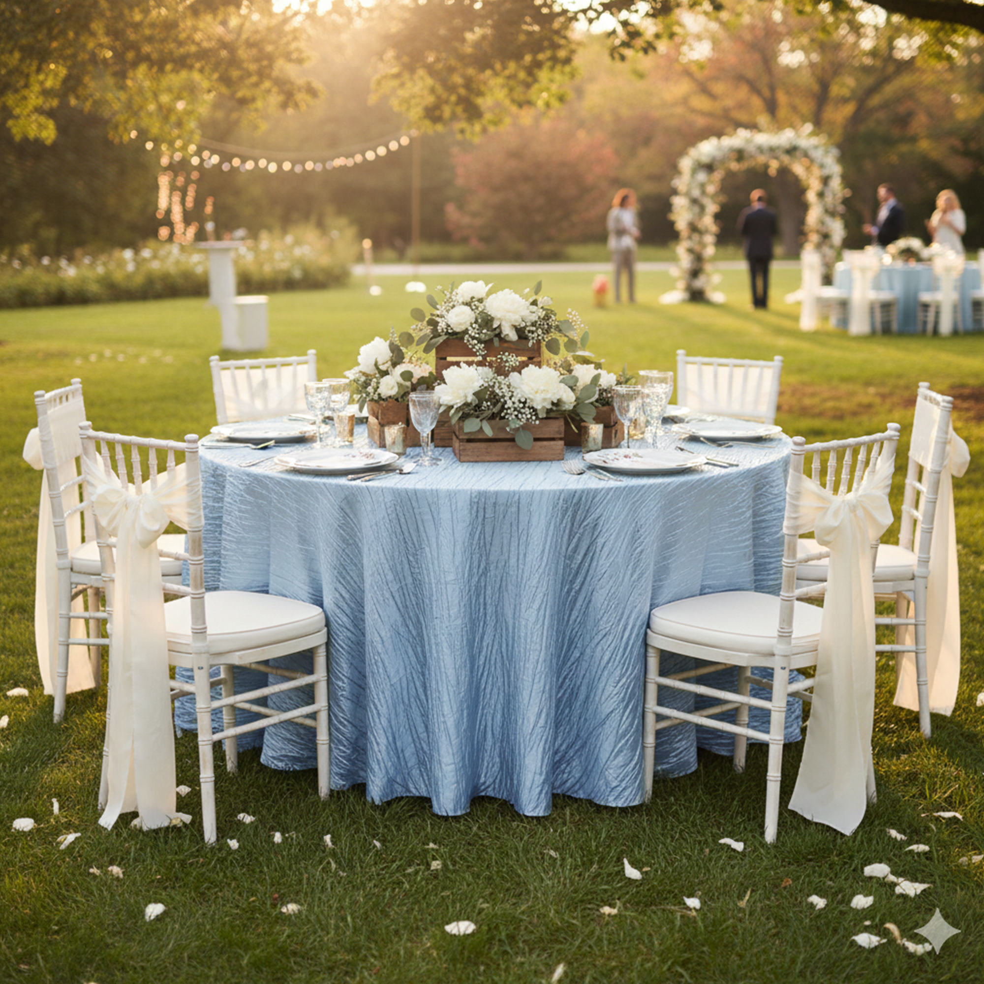 Round Crinkle Taffeta Tablecloth Light Blue lifestyle