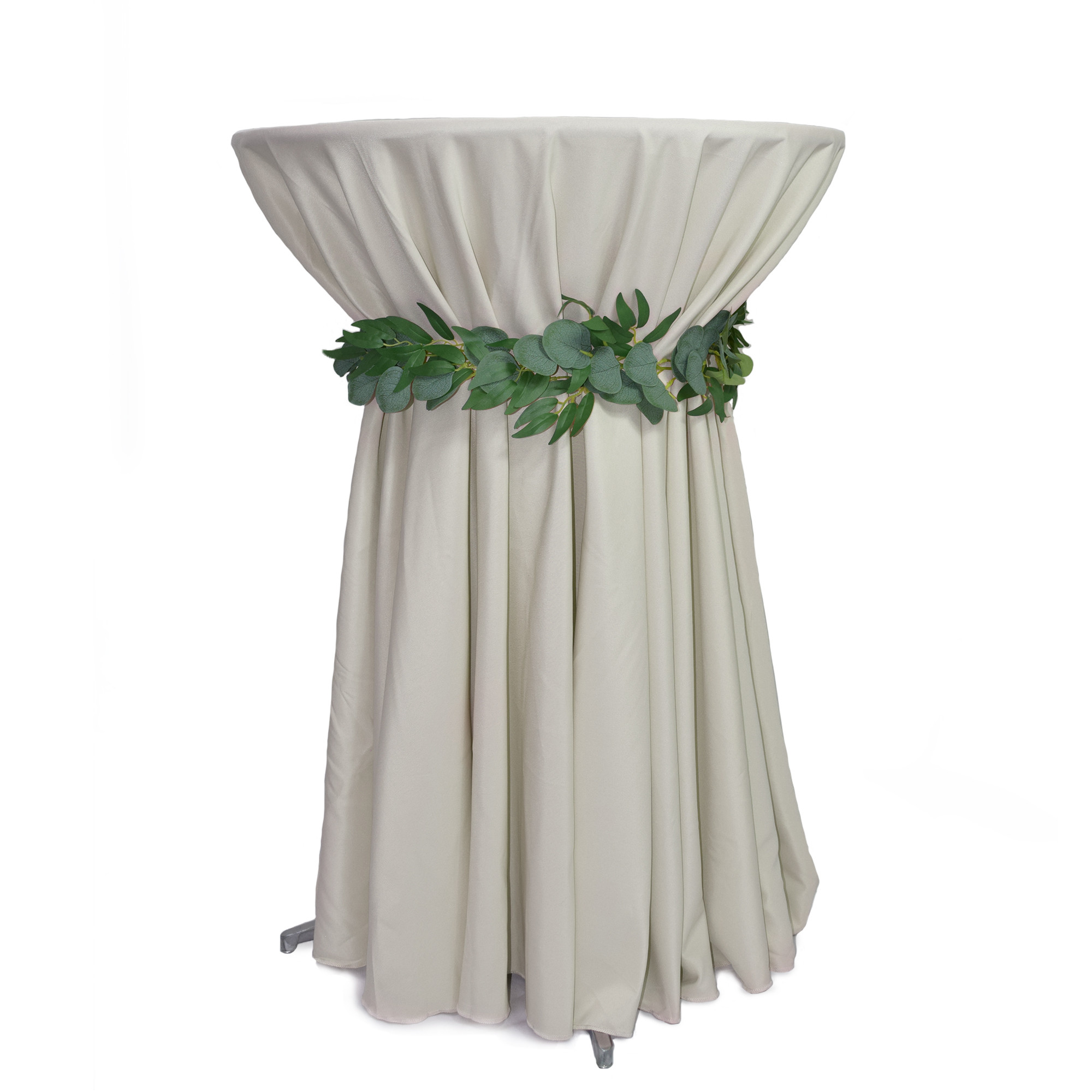 120 inch Round Polyester Tablecloths Ivory on cocktail table