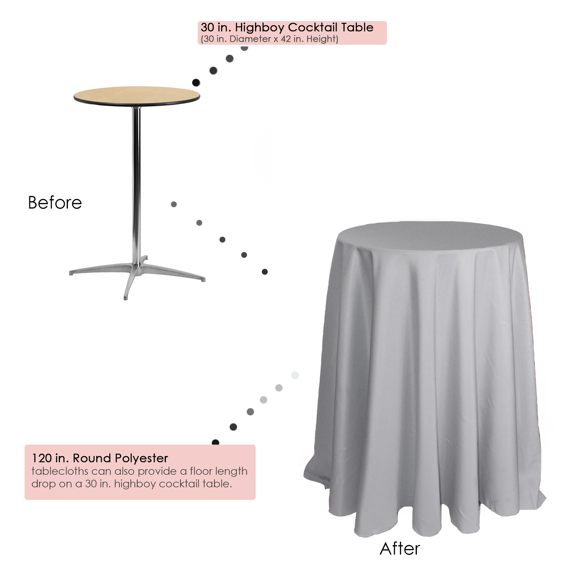 120 inch Round Polyester Tablecloths Silver on 30 inch cocktail tables