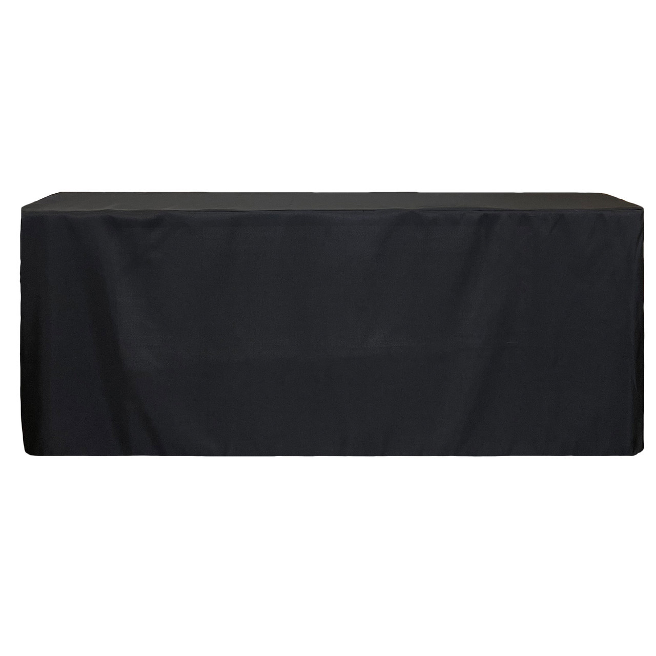 8 ft Fitted Polyester Rectangular Tablecloth Open Back Black front