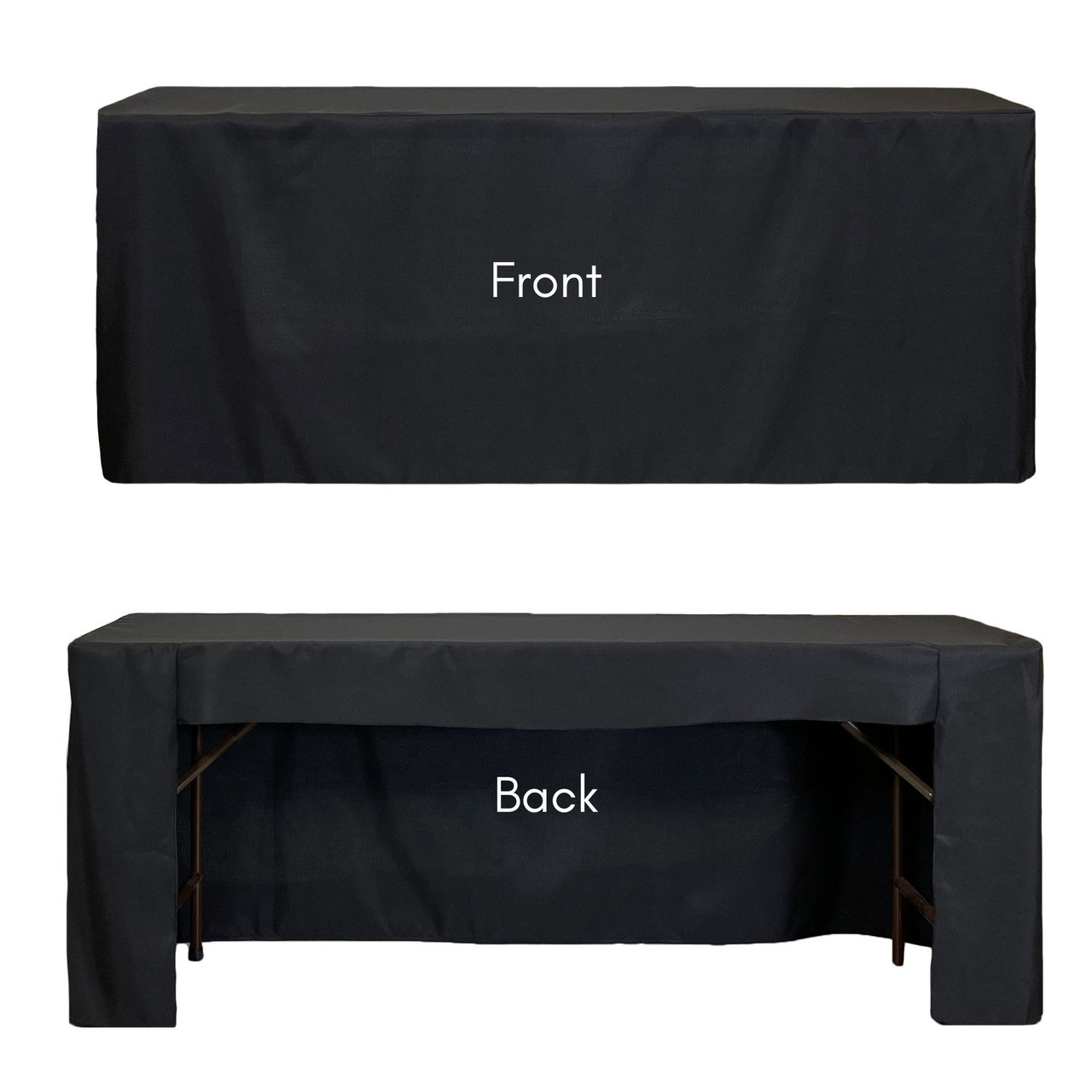 8 ft Fitted Polyester Rectangular Tablecloth Open Back Black before and after