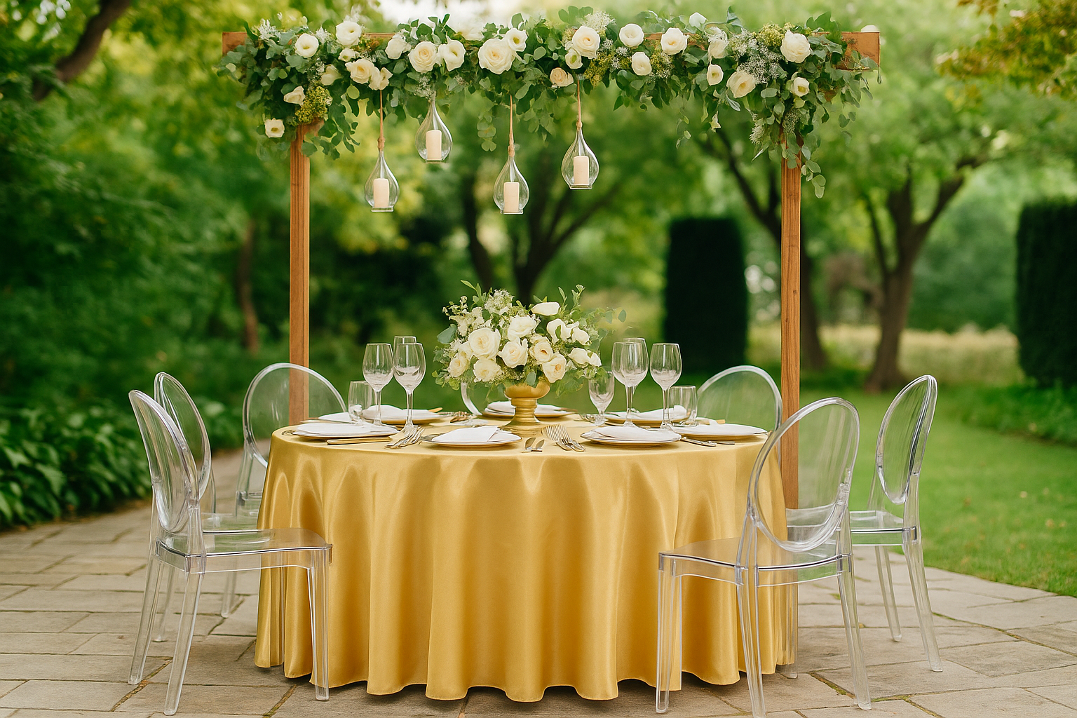 132 Inch Round Satin Tablecloth Gold lifestyle
