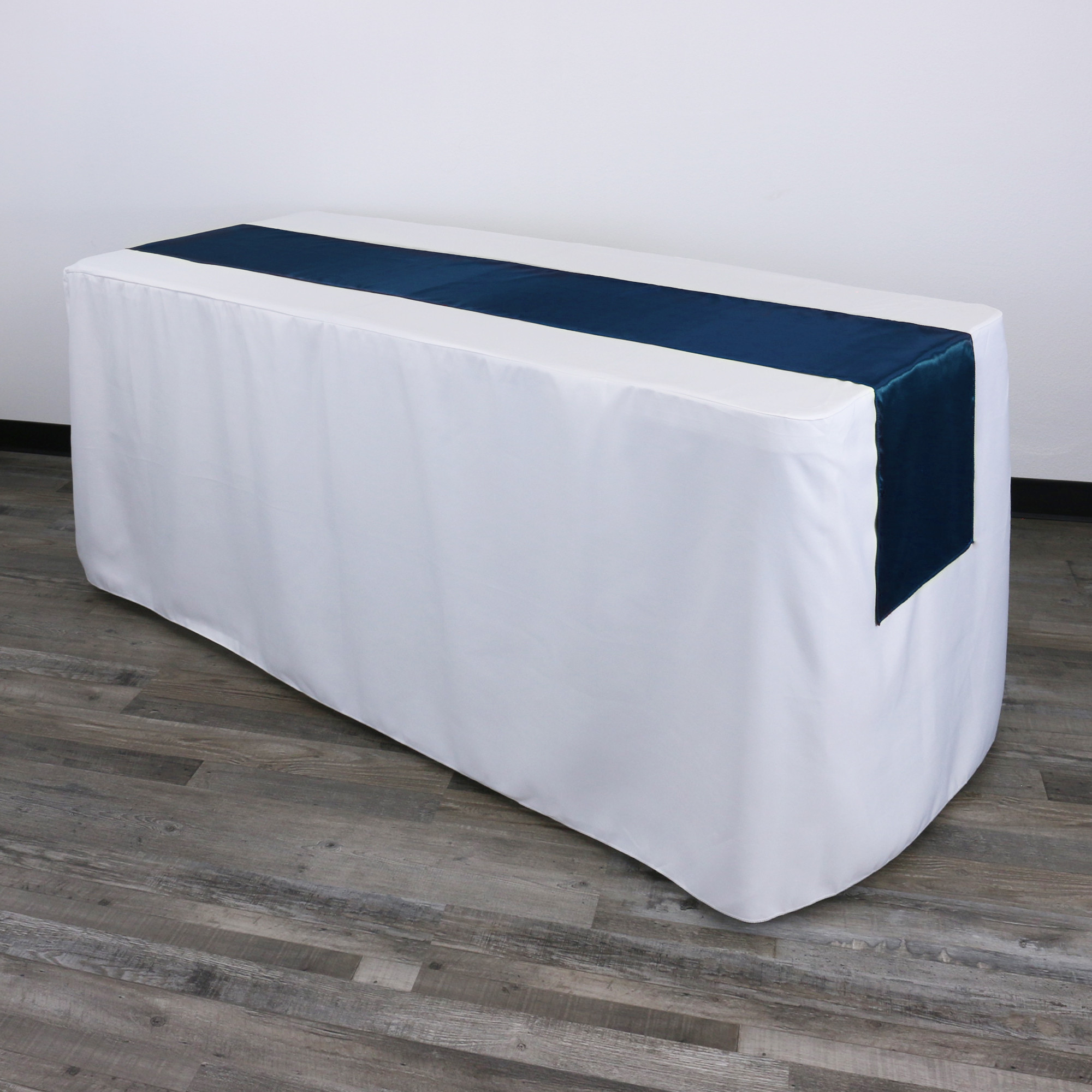 14 x 108 inch Satin Table Runners Navy Blue on a rectangular table