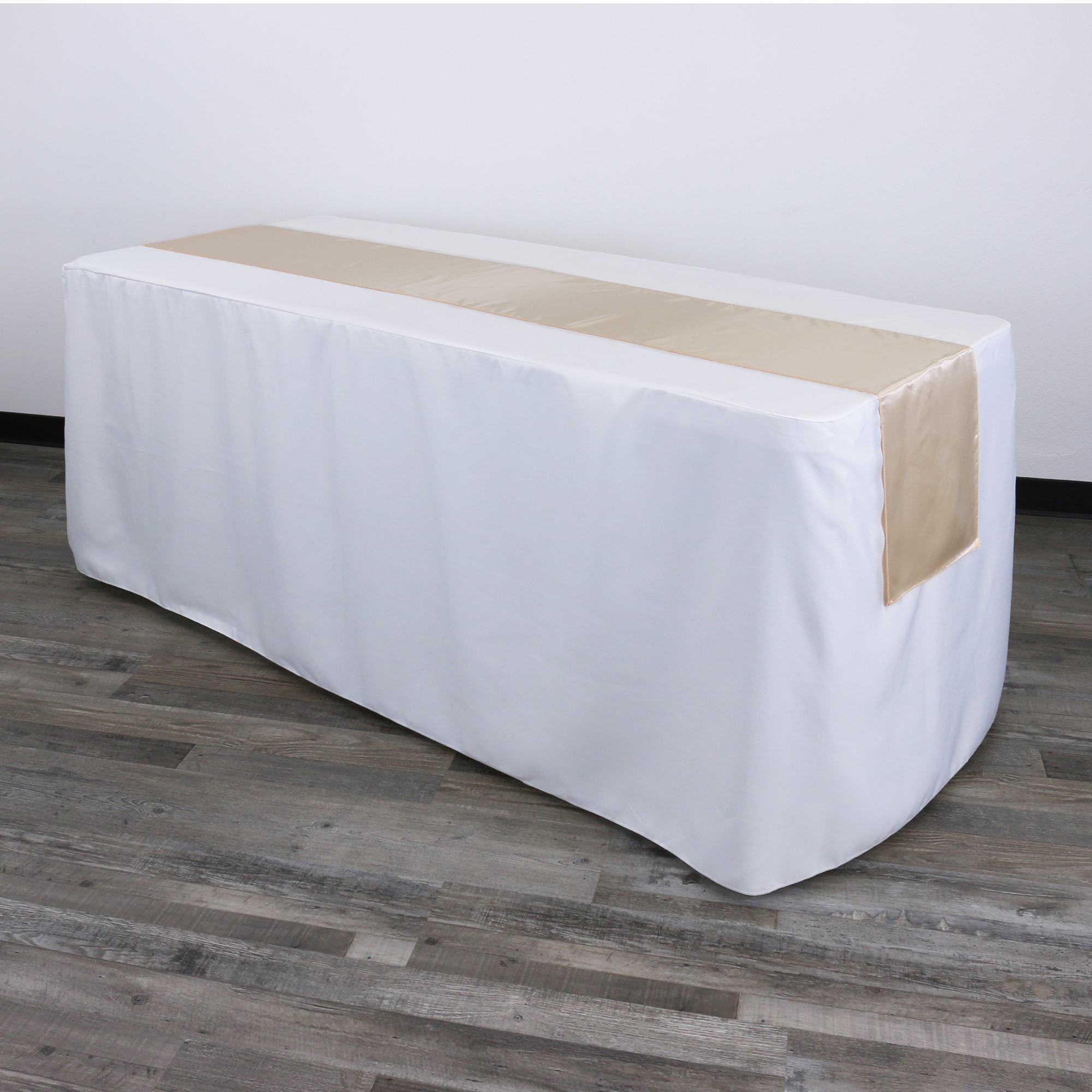 14 x 108 inch Satin Table Runners Champagne on a rectangular table