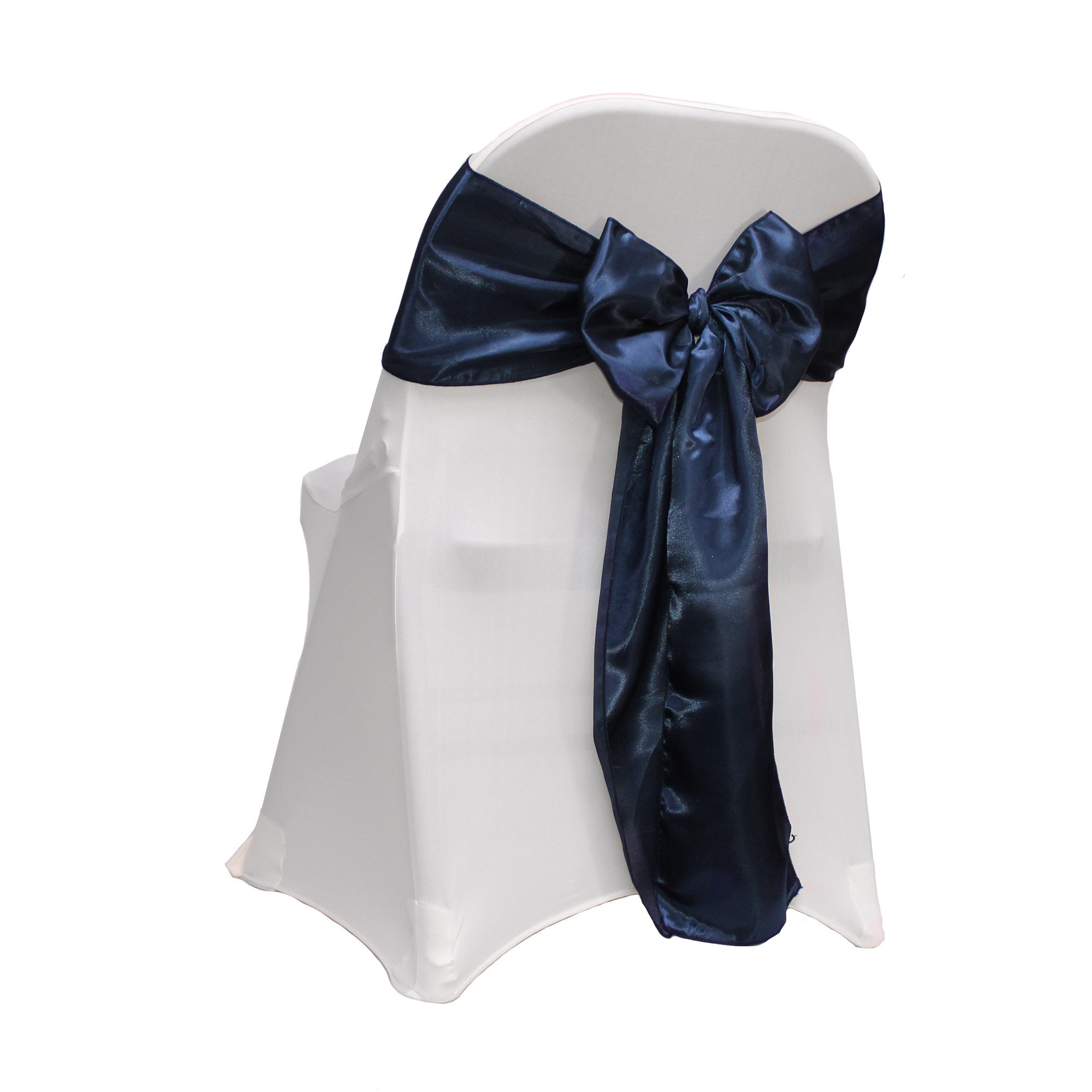 navy blue satin sashes on folding chairs