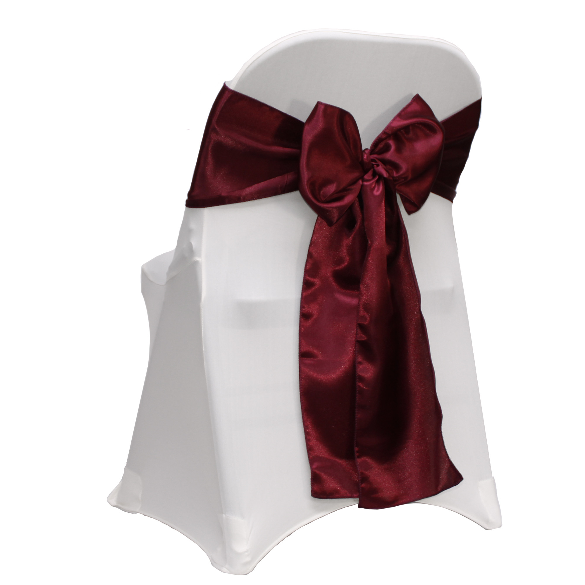 burgundy satin sashes on folding chairs