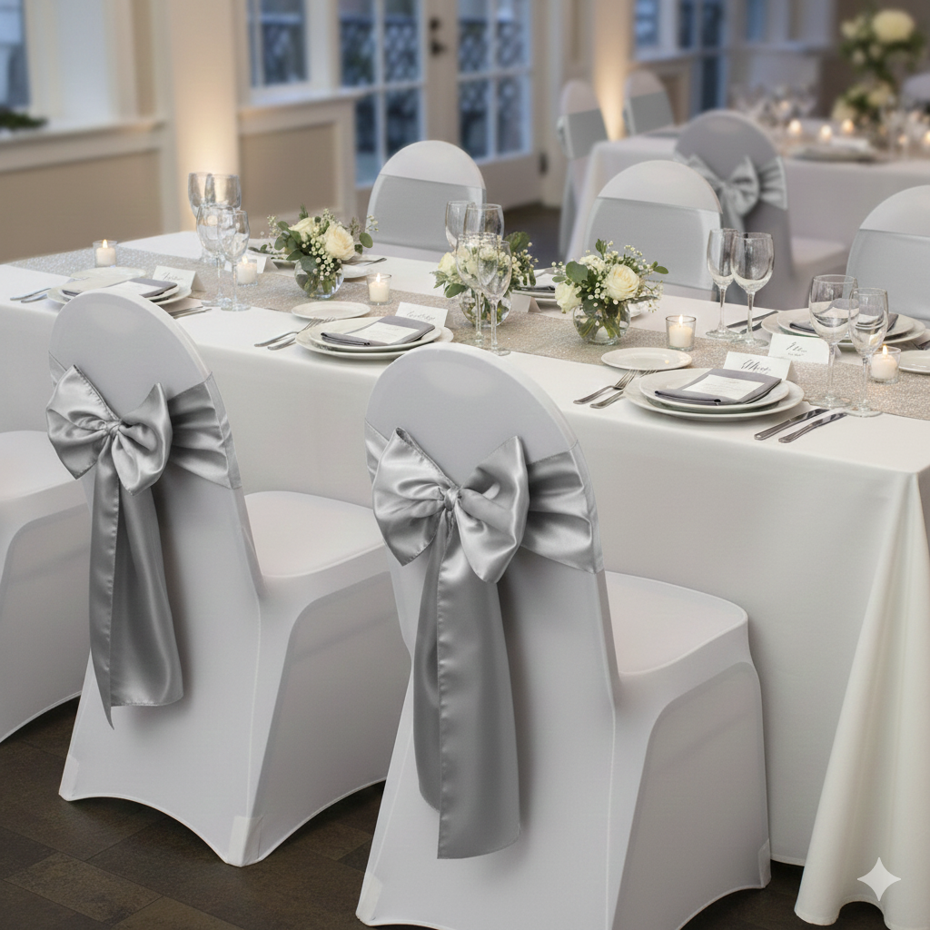 silver satin sashes for weddings, parties and holidays