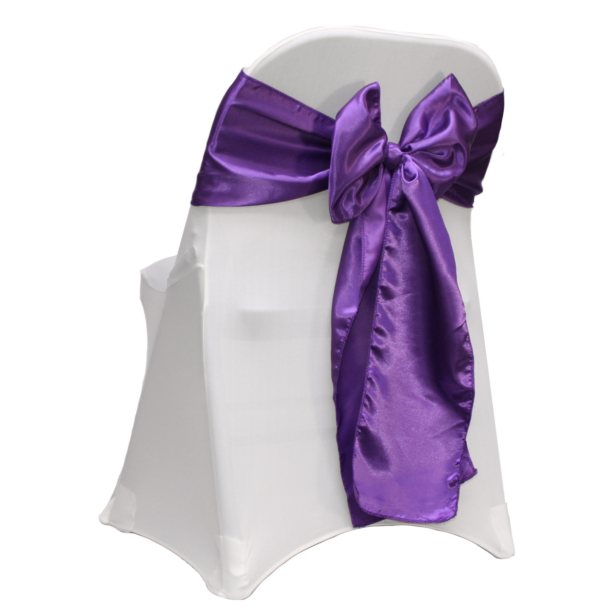 purple satin sashes on folding chairs