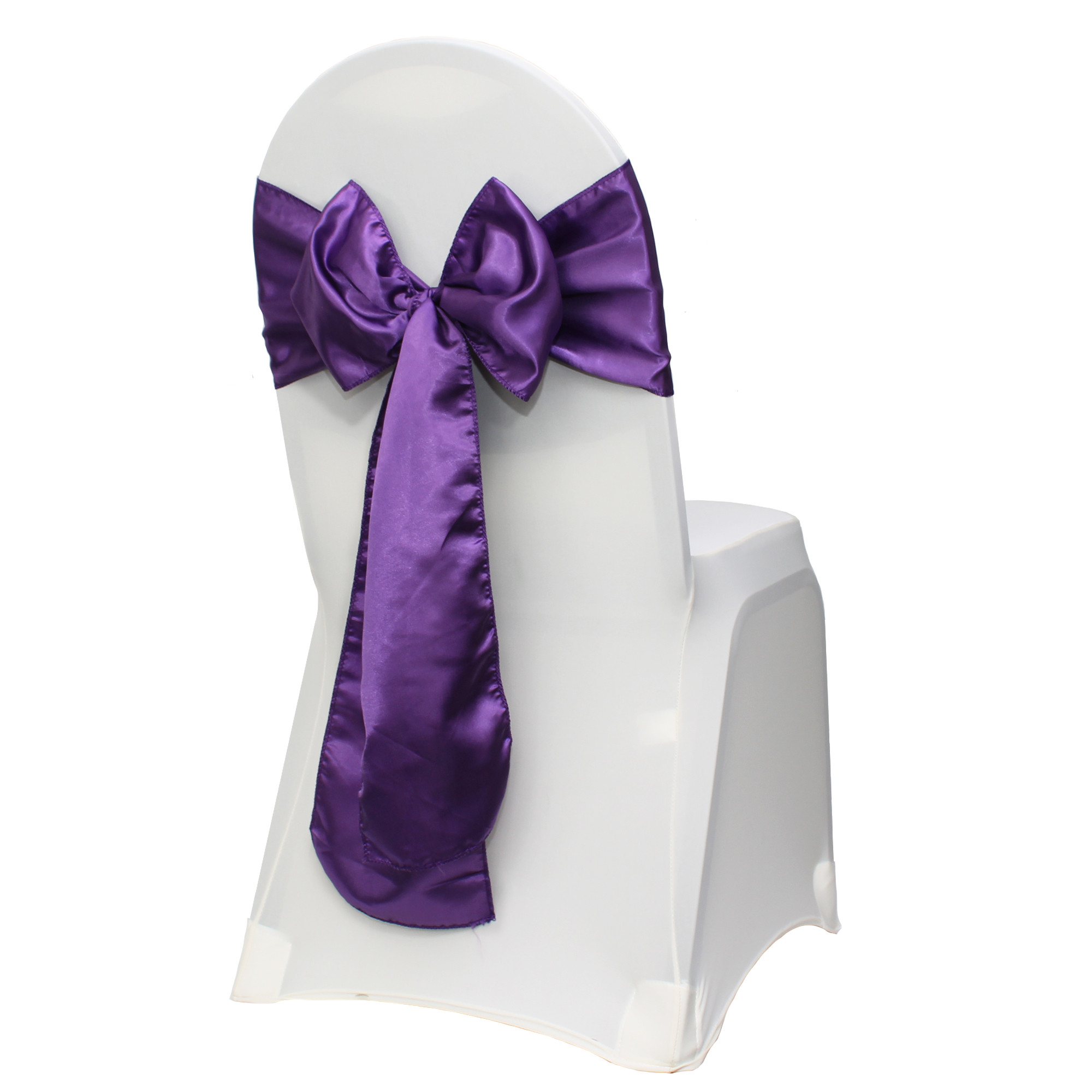 purple satin sashes on banquet chairs
