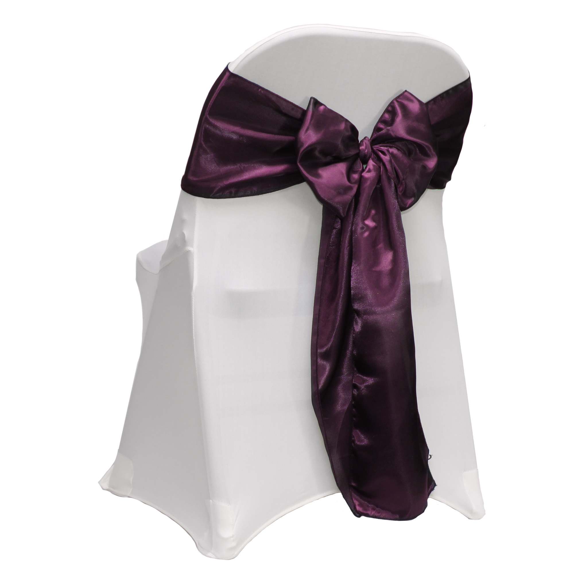 eggplant satin sashes on folding chairs