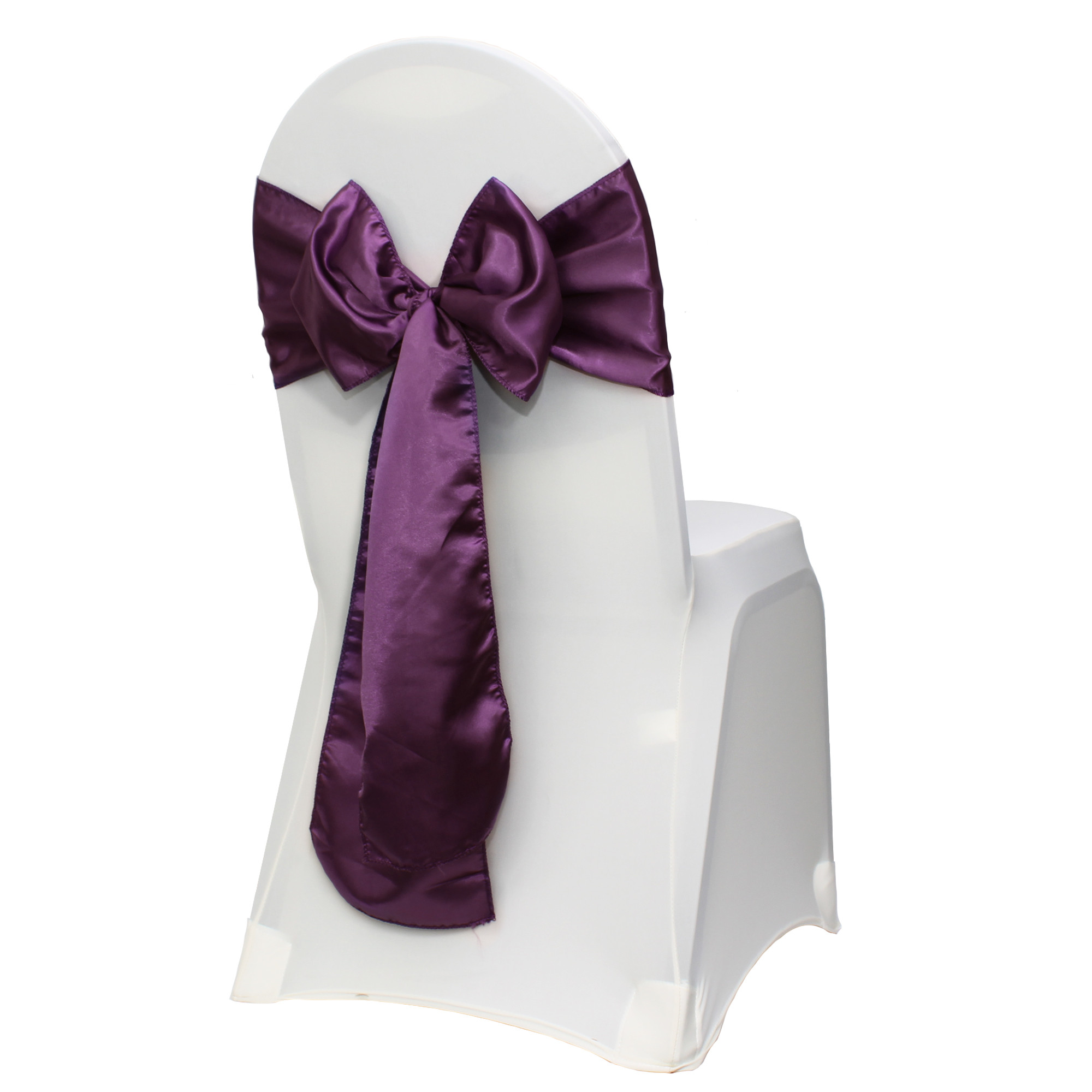 eggplant satin sashes on banquet chairs