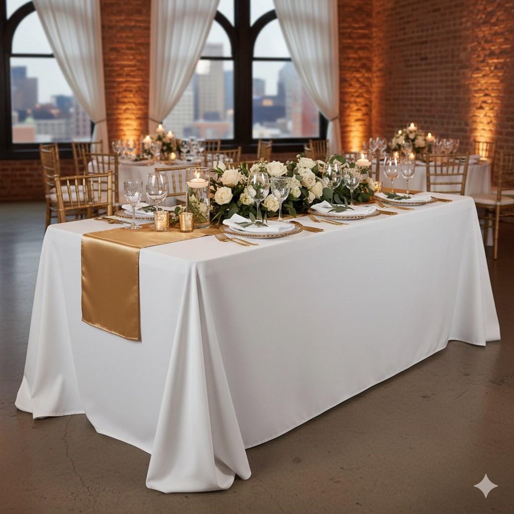 14 x 108 inch Lamour Satin Table Runners in Gold for weddings