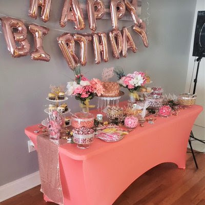 coral rectangular spandex table covers in use