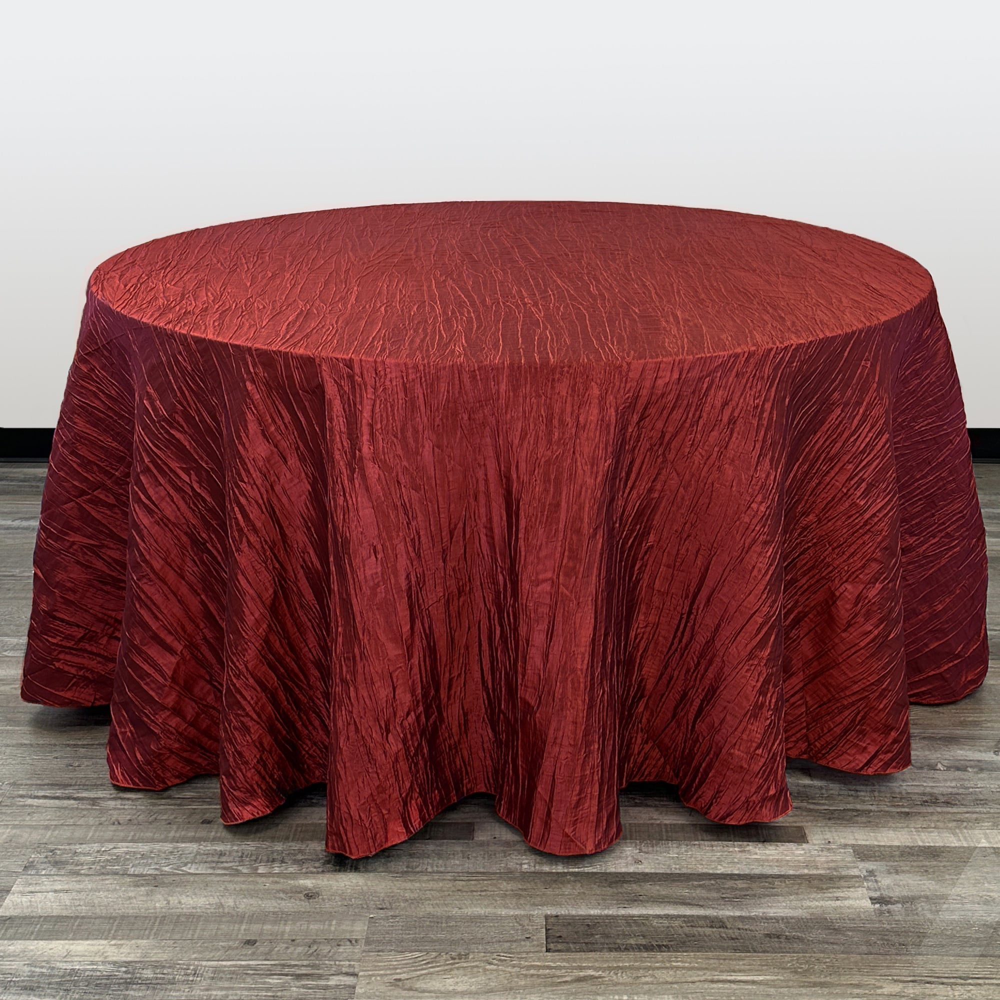 132-inch round burgundy crinkle taffeta tablecloth.