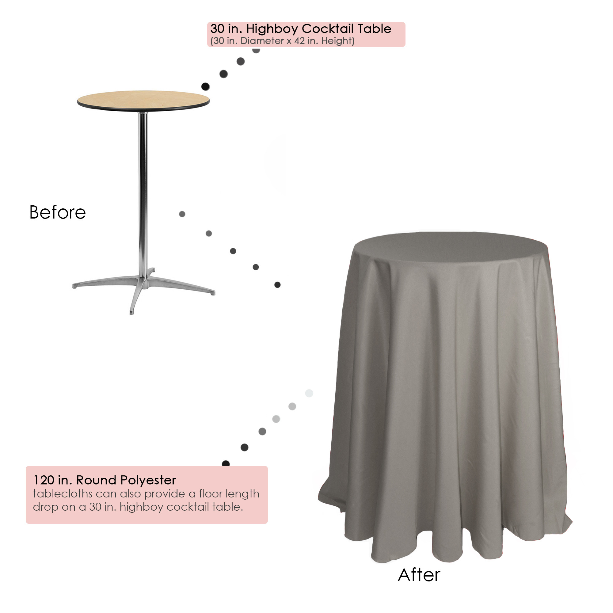 120 Inch Round Polyester Tablecloth Gray on  30 inch cocktail table