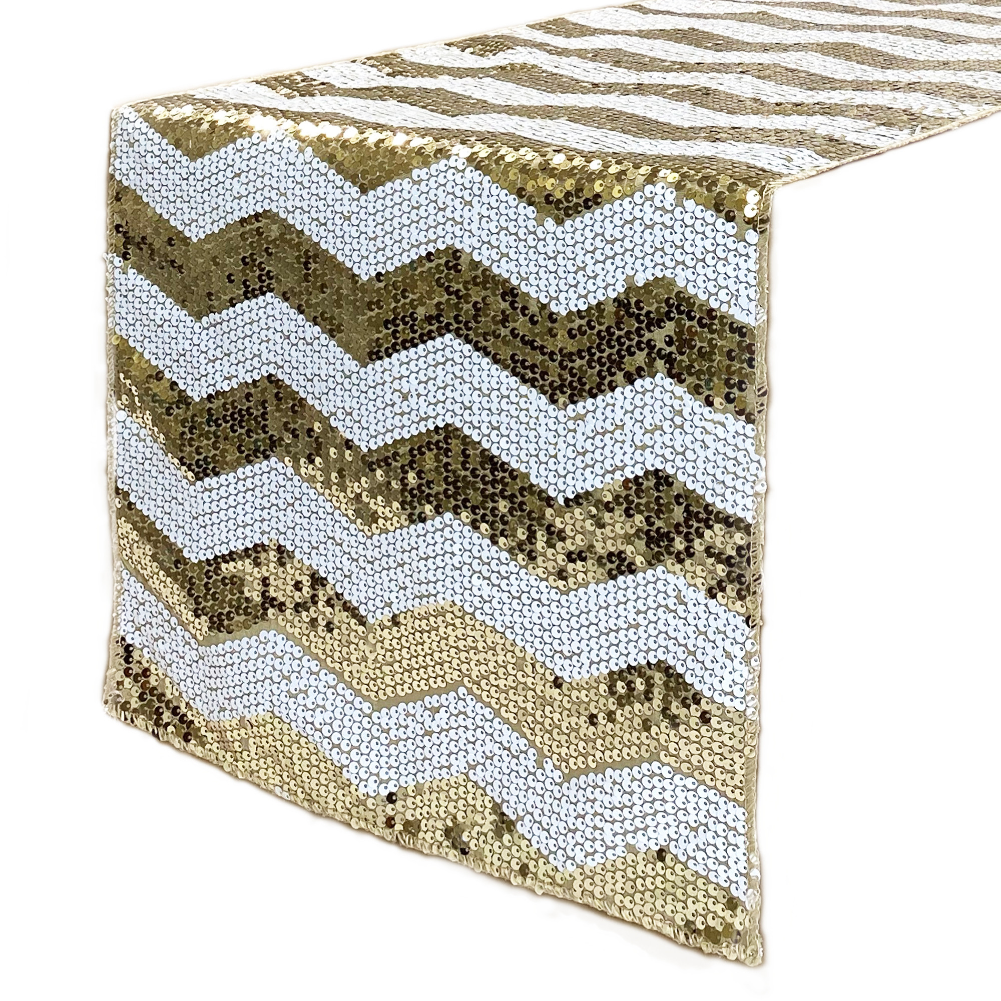 14 x 108 inch Chevron Sequin Table Runners White and Champagne
