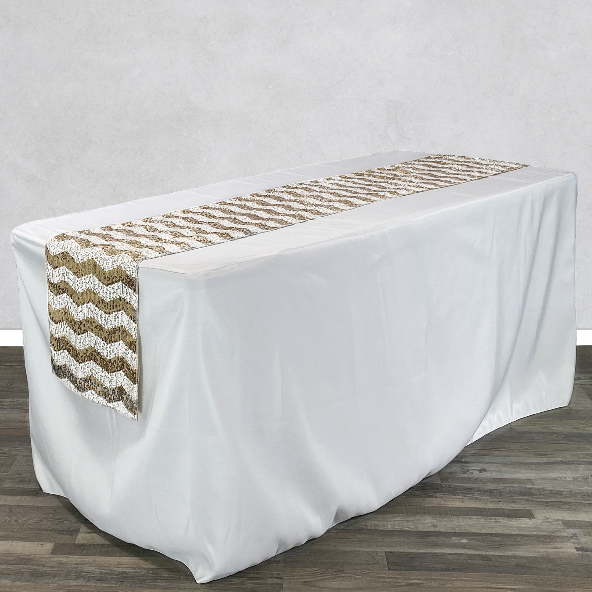 14 x 108 inch Chevron Sequin Table Runners White and Champagne on rectangular table