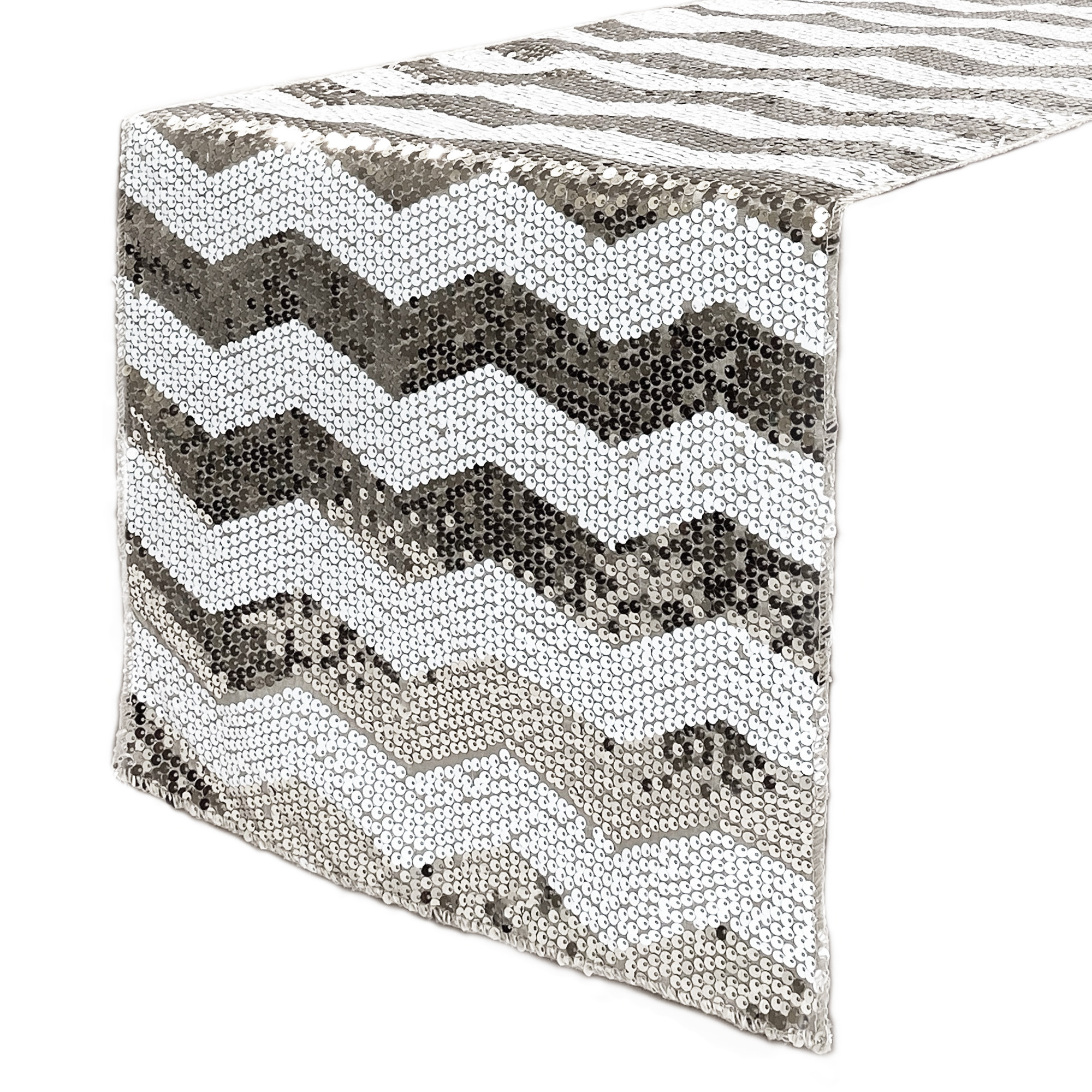14 x 108 inch Chevron Sequin Table Runners White and Silver
