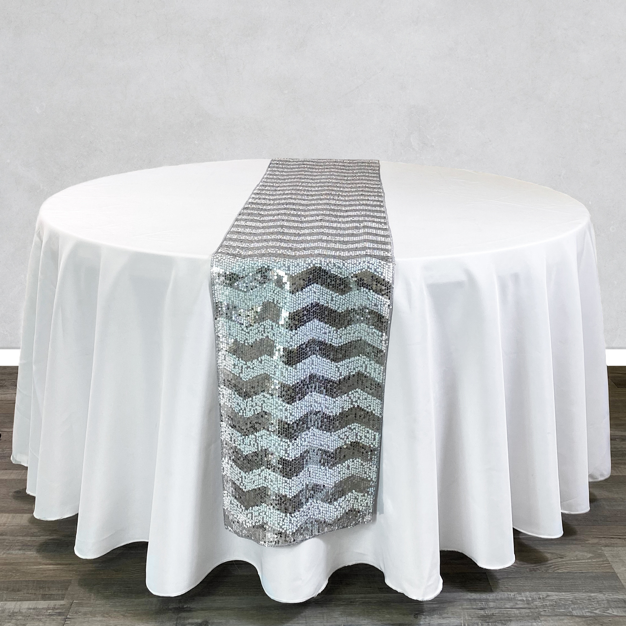 14 x 108 inch Chevron Sequin Table Runners White and Silver on round table