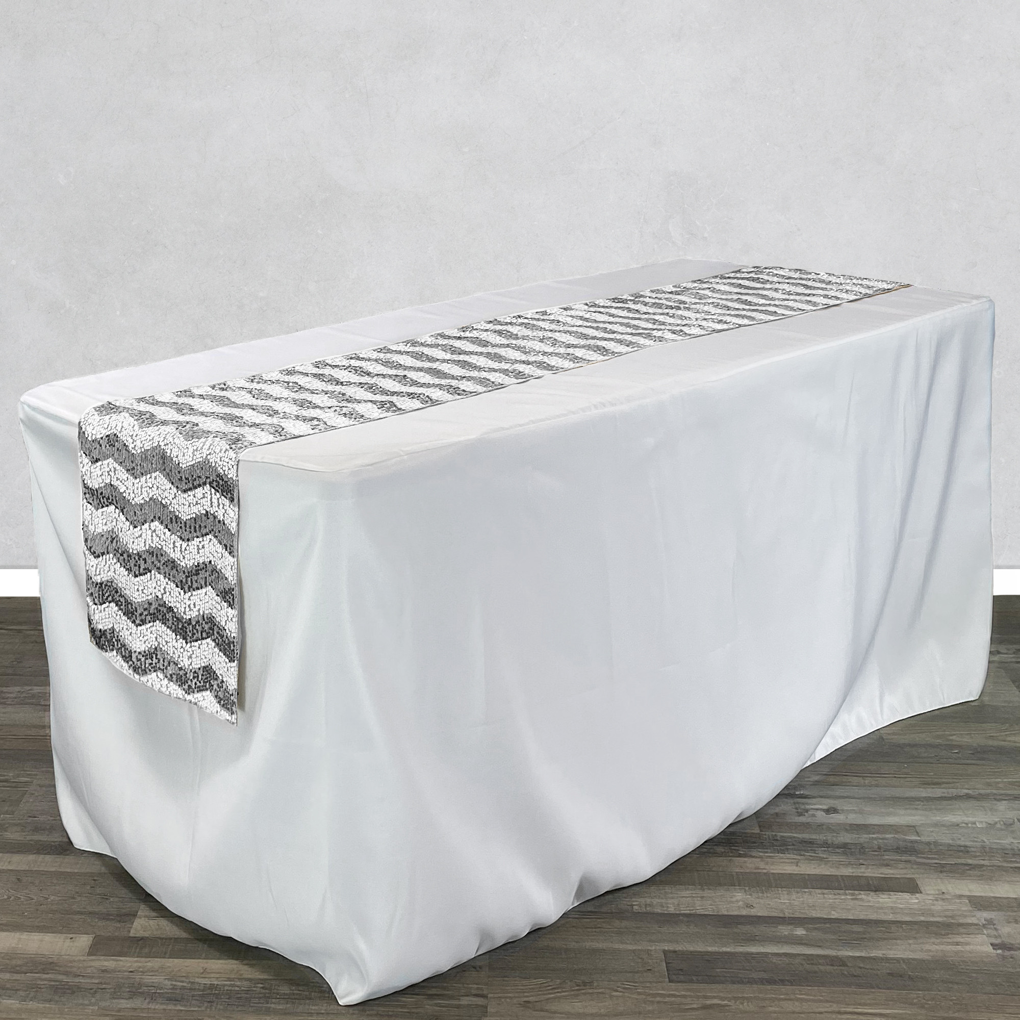 14 x 108 inch Chevron Sequin Table Runners White and Silver on rectangular table