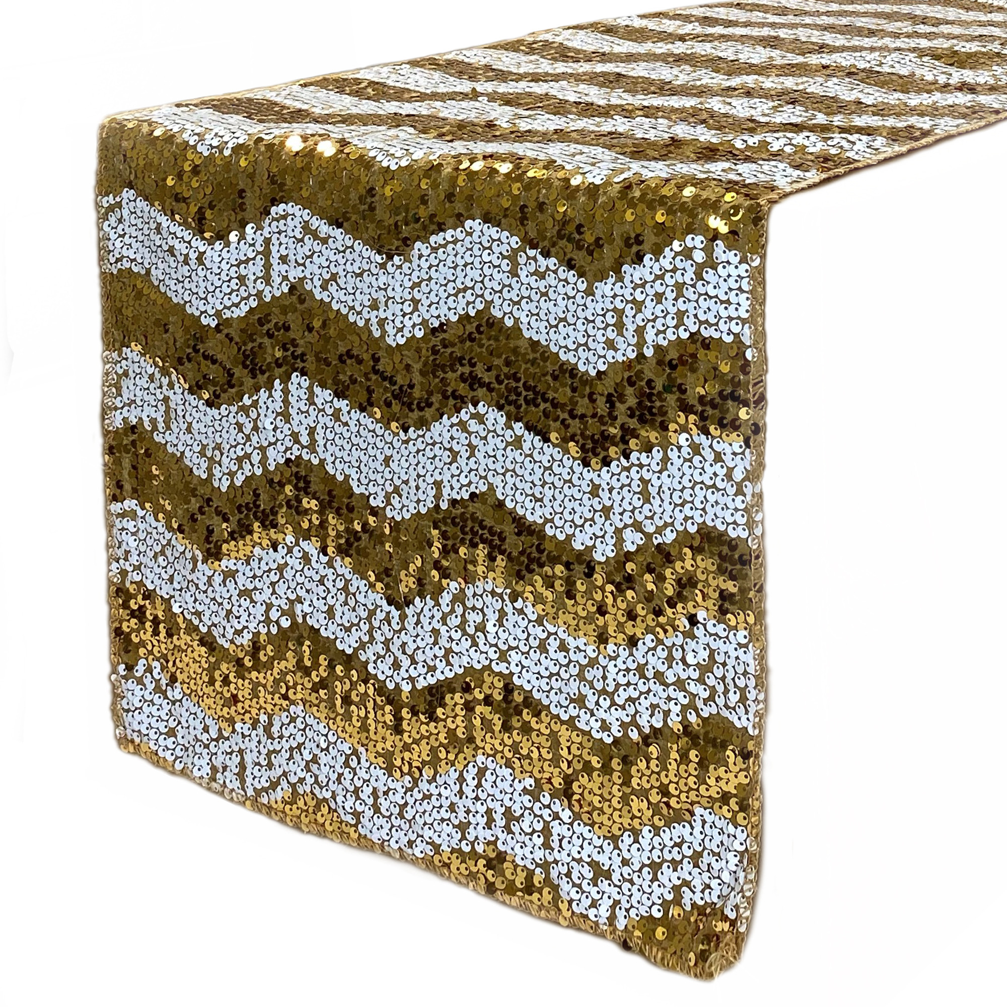 14 x 108 Inch Chevron Sequin Table Runner White and Gold