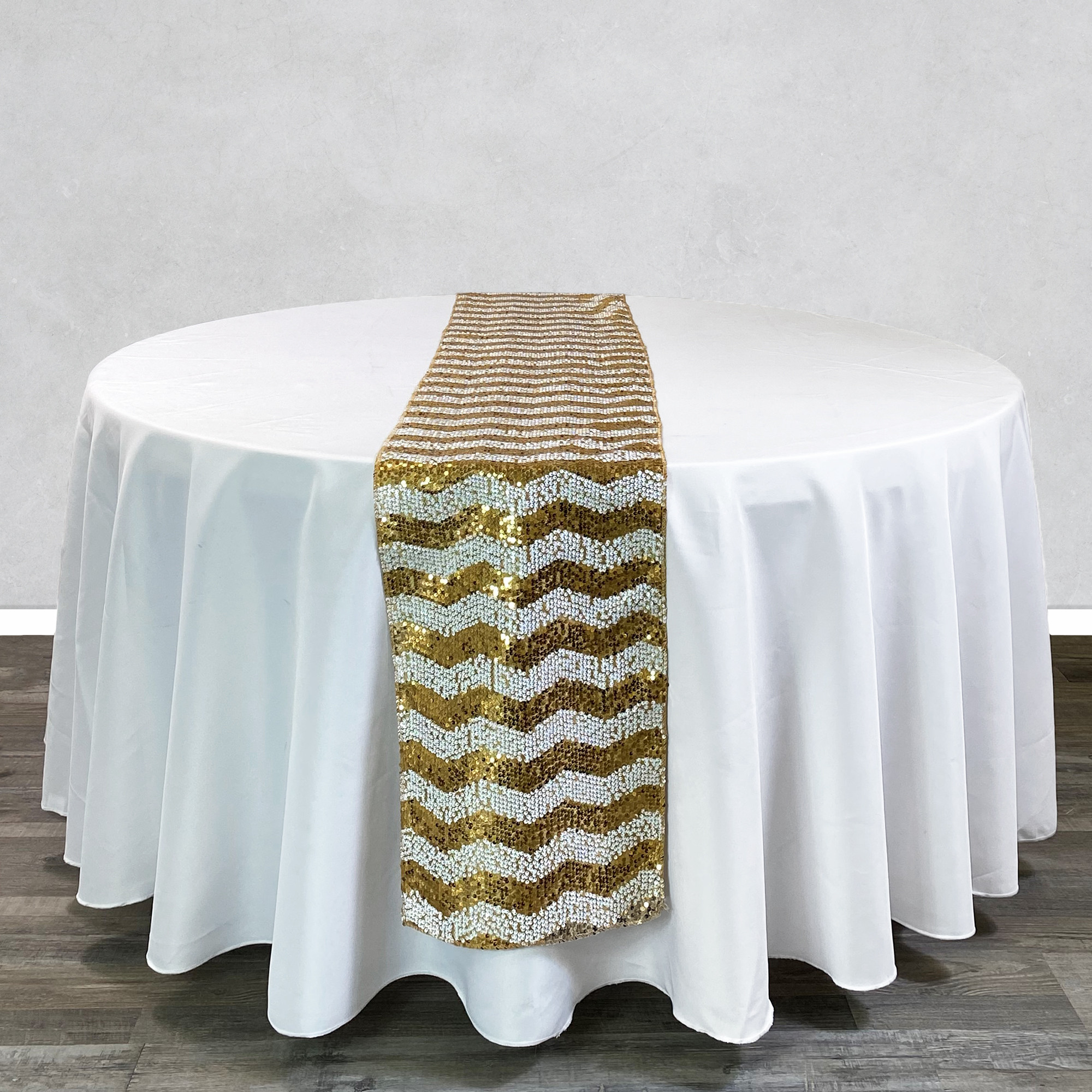 14 x 108 Inch Chevron Sequin Table Runner White and Gold on round table
