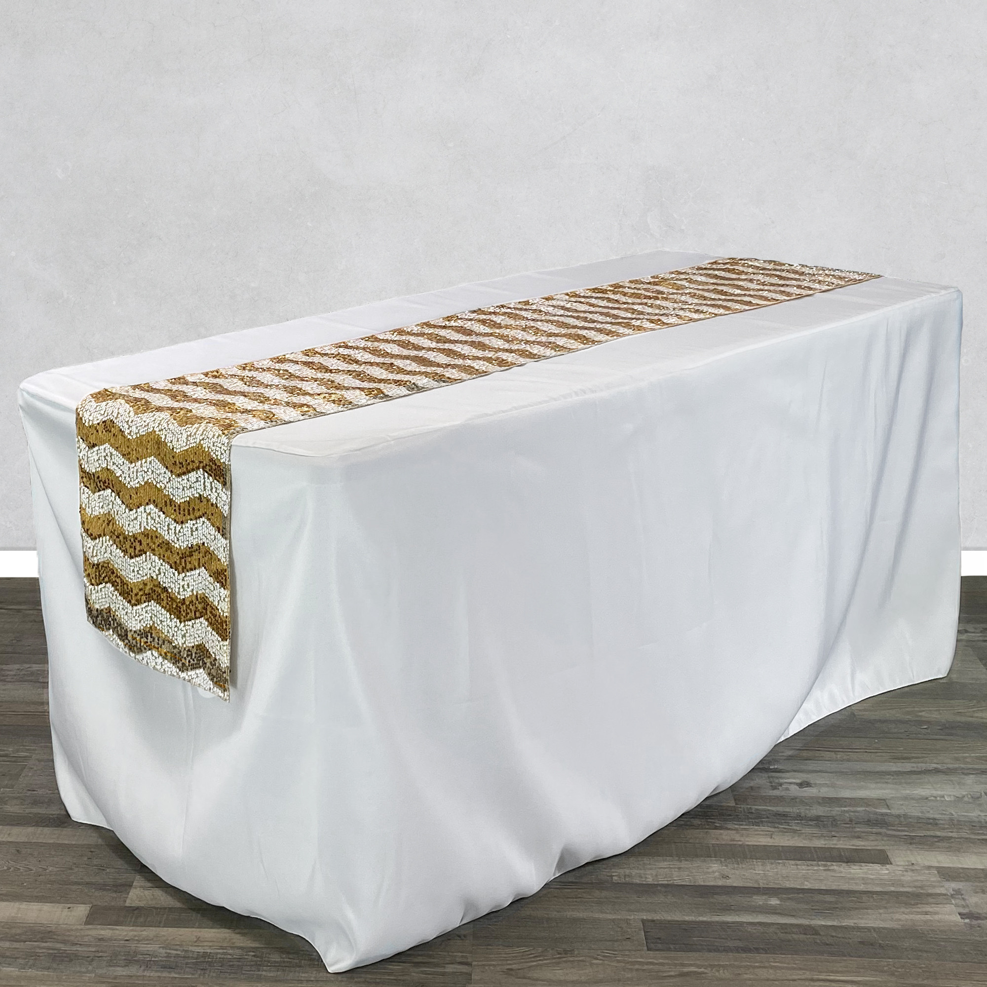14 x 108 Inch Chevron Sequin Table Runner White and Gold on rectangular table