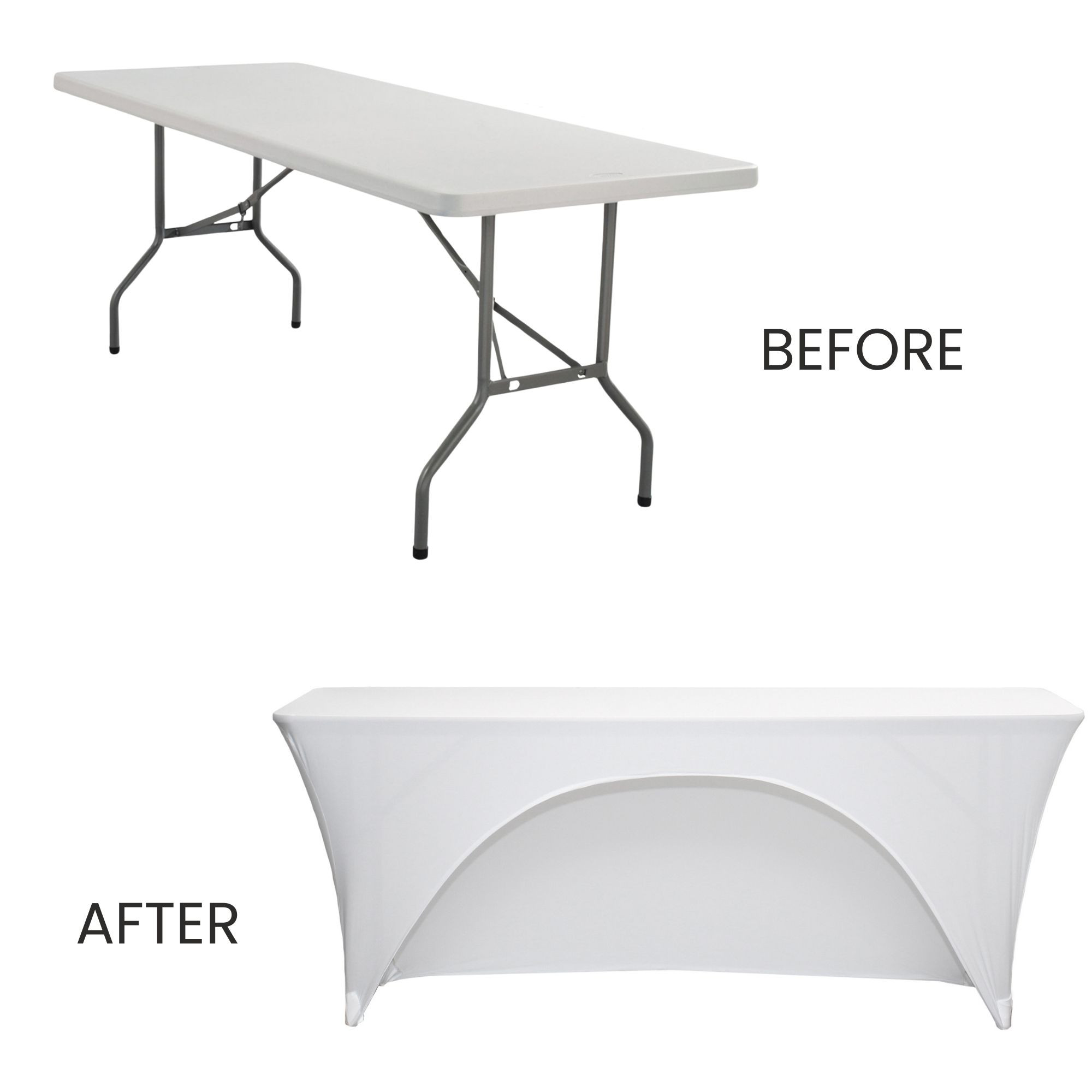 Stretch Spandex 6 Ft Open Back Rectangular Table Covers before and after