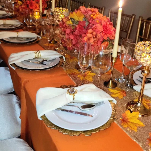 90 x 156 inch Rectangular Polyester Tablecloths Orange In use