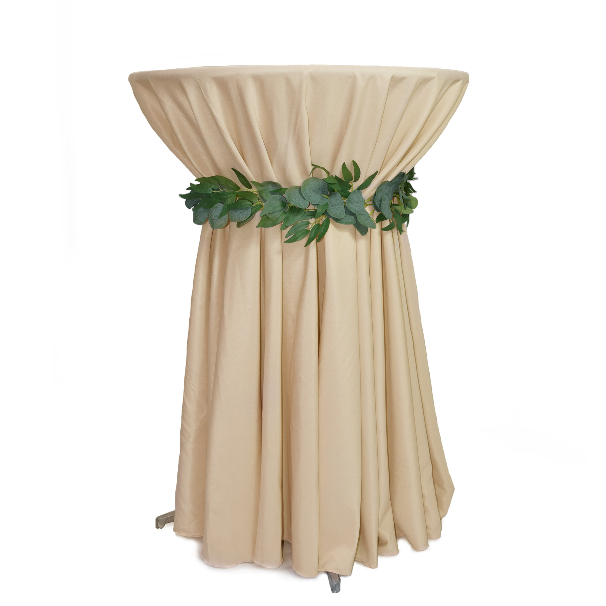 120 inch Round Polyester Tablecloth Champagne on cocktail table