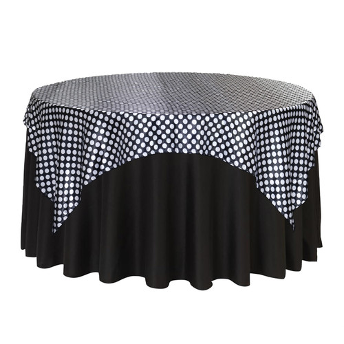 72 inch Square Satin Table Overlay Black/White Polka Dots