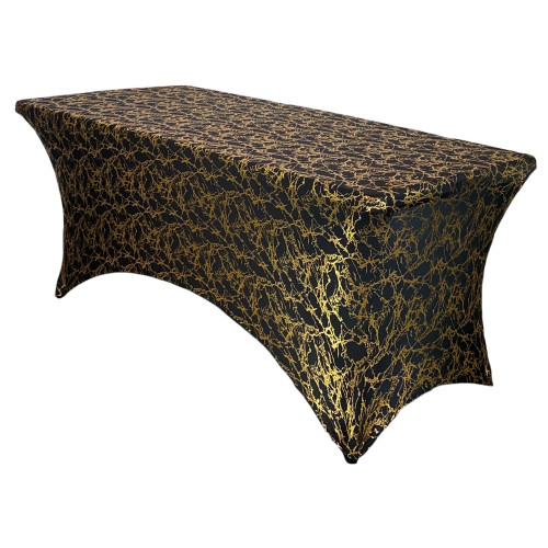 Stretch Spandex 8 ft Rectangular Black Table Cover With Gold Marbling 
