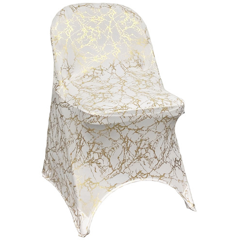 Stretch Spandex Folding Chair Cover White With Gold Marbling
