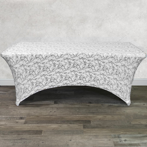  Stretch Spandex 6 ft Rectangular Table Cover White With Silver Marbling Front